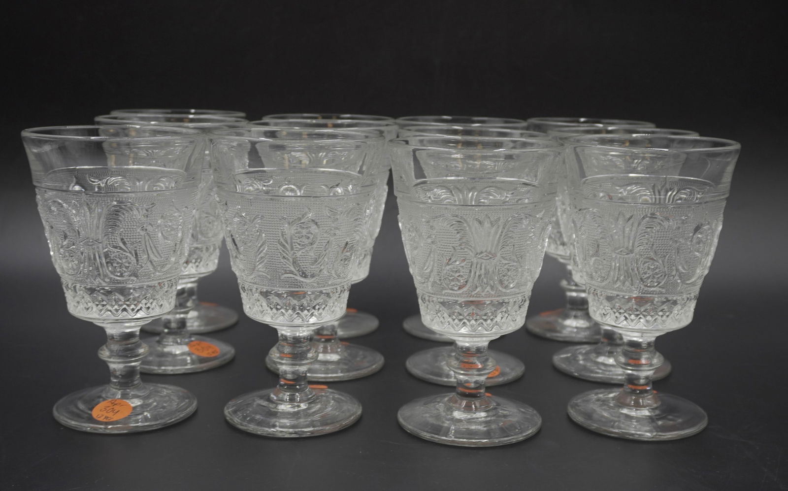 12 ANTIQUE DUNCAN & MILLER SANDWICH GLASS WATER GOBLETS (1 of 3)