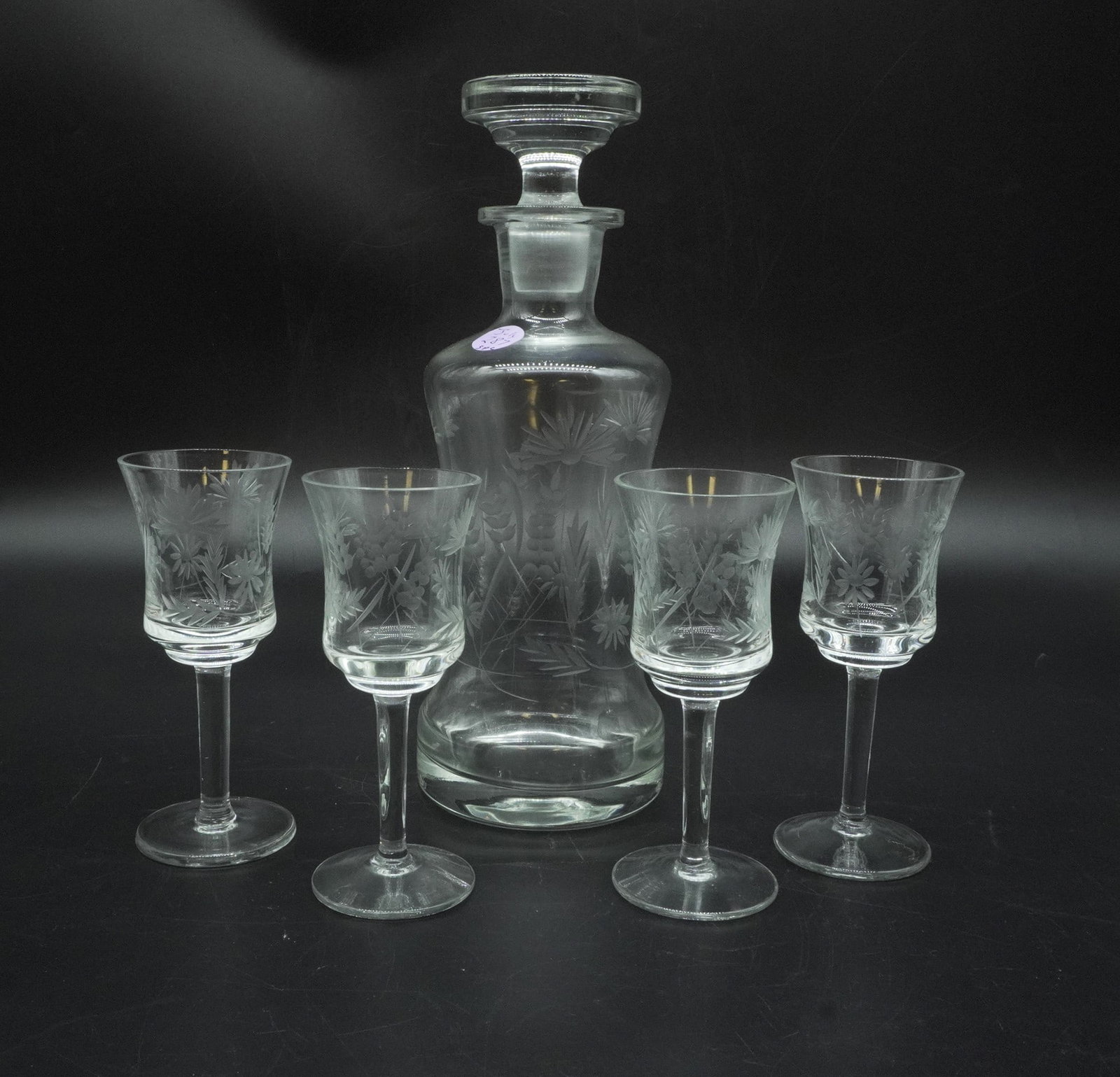 LEONARD SILVER ITALY CRYSTAL DECANTER SET: This Mid Century decanter and 4 Wine Glasses was made in Italy by Leonard Silver Crystal in a pattern called Summerfield. The appropriately named pattern features cut carnations, wheat and wildflowers