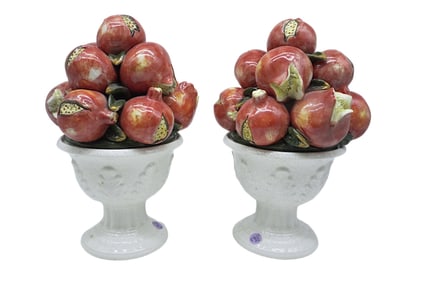 PAIR MID-CENTURY MAJOLICA POMEGRANATE TOPIARY