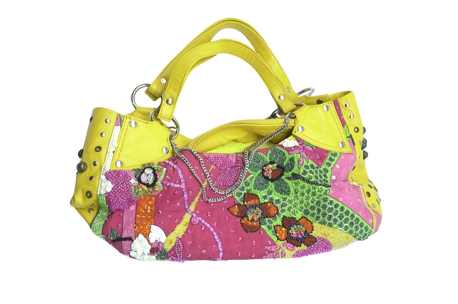 MARY FRANCES YELLOW DOUBLE STRAP HANDBAG: Beautiful Mary Frances Double Strap Handbag. Hand beaded detailing and floral motifs. Includes chain detail as well as the signature Mary Frances key chain, original dustbag, and COA. Measures 16" str
