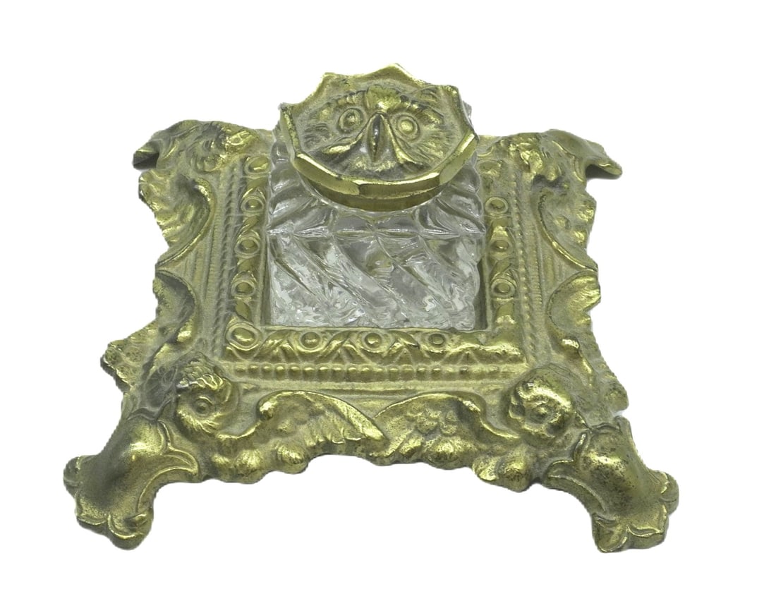 ORNATE ANTIQUE CRYSTAL AND BRASS OWL INKWELL (1 of 5)