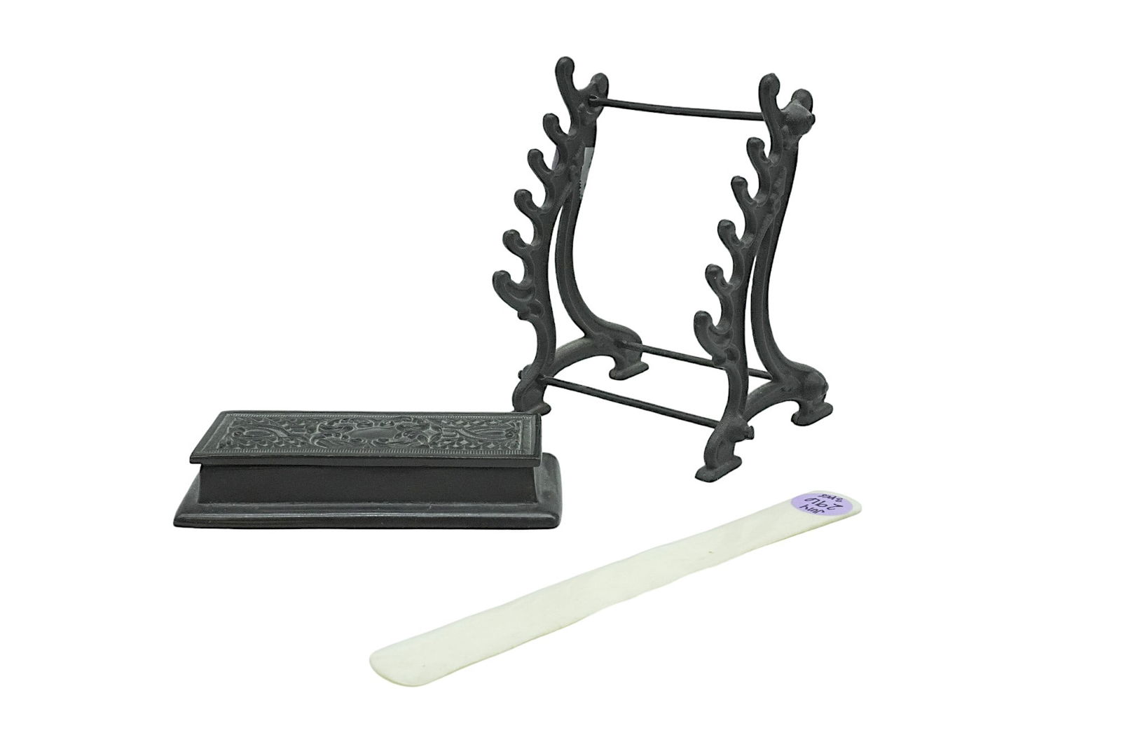 3 ANTIQUE STATIONARY PIECES: This lot includes 1) Bone Letter Opener 2) Quill rack/holder 3) AMW Desktop Stamp holder. Largest pieces is rack and measures 5.25" x 3.5" x 3.25", total lot weight is 1 lb 5.9 oz.