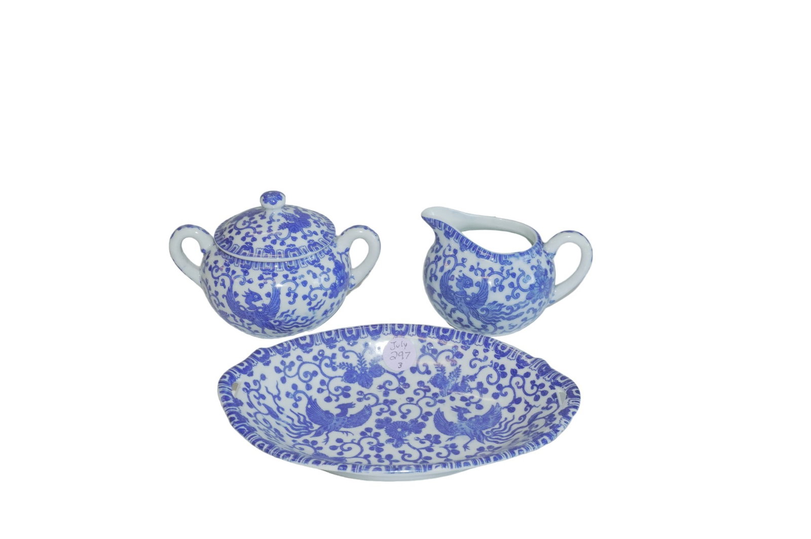 3 PC MID CENTURY JAPANESE BLUE & WHITE PHOENIX PORCELAIN: 3 Piece Vintage Japanese Blue & White Phoenix Ware. Cream 3" and Sugar 4" and Oval Bowl 7.25". Weight on all combined 1 lb 4 oz
