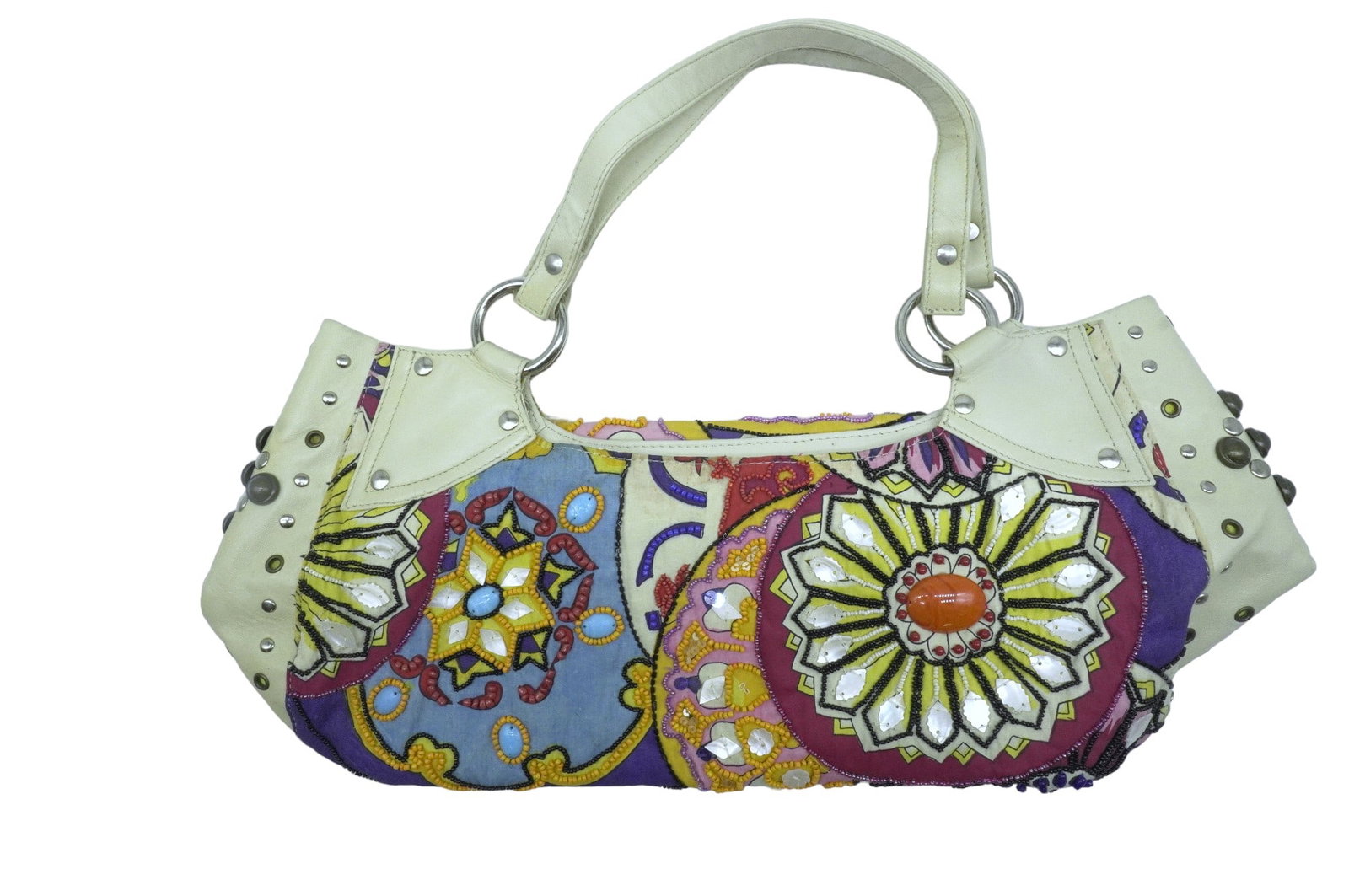 MARY FRANCES CREAM DOUBLE HANDLE HANDBAG: Beautiful Mary Frances Double Strap Handbag. Hand beaded detailing and floral motifs. Includes original dustbag, and COA. Measures 16" strap to base, 18" x 8.5". Weighs 2 lbs 1 oz.