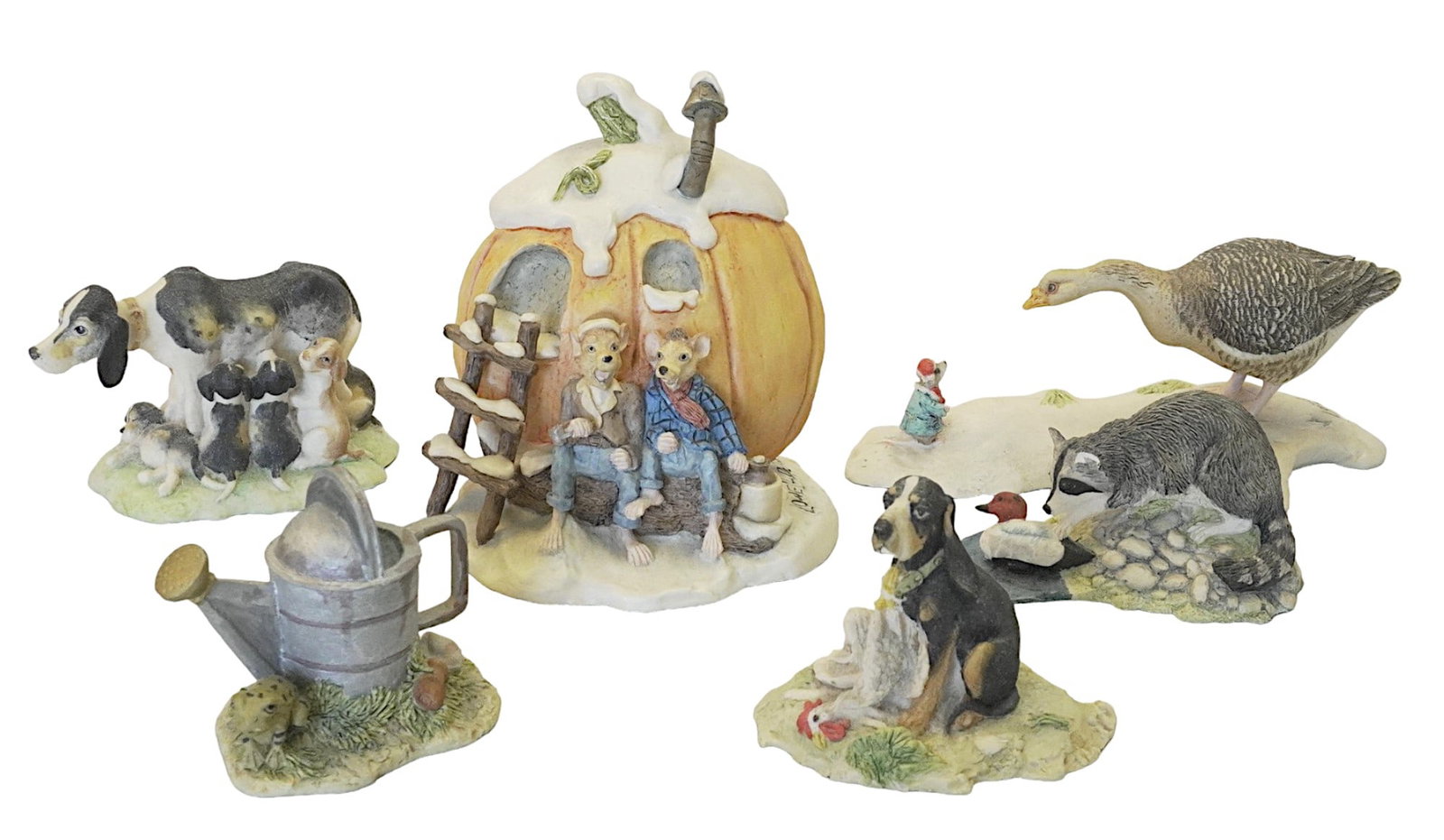 LOWELL DAVIS COLLECTABLE FIGURINE LOT - 6 PIECES: This lot includes Pumpkin Wine, Happy Hour, Washed Ashore, Arrival of Stanley, First Offense, Garden Toad. All marked Lowell Davis with original stickers from the gallery they were purchased from. Lar
