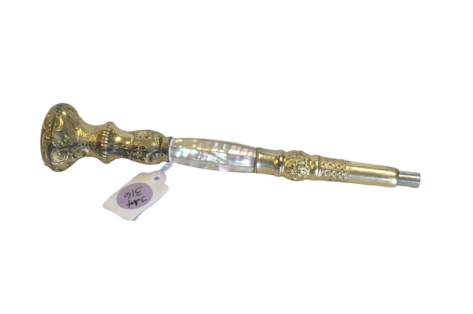 ANTIQUE 1902 PARASOL HANDLE MOP & GILT: Antique 1902 Ornate Parasol Handle MOP and Gilt Metal, monogrammed. 1.25"x1.25"x7.5".