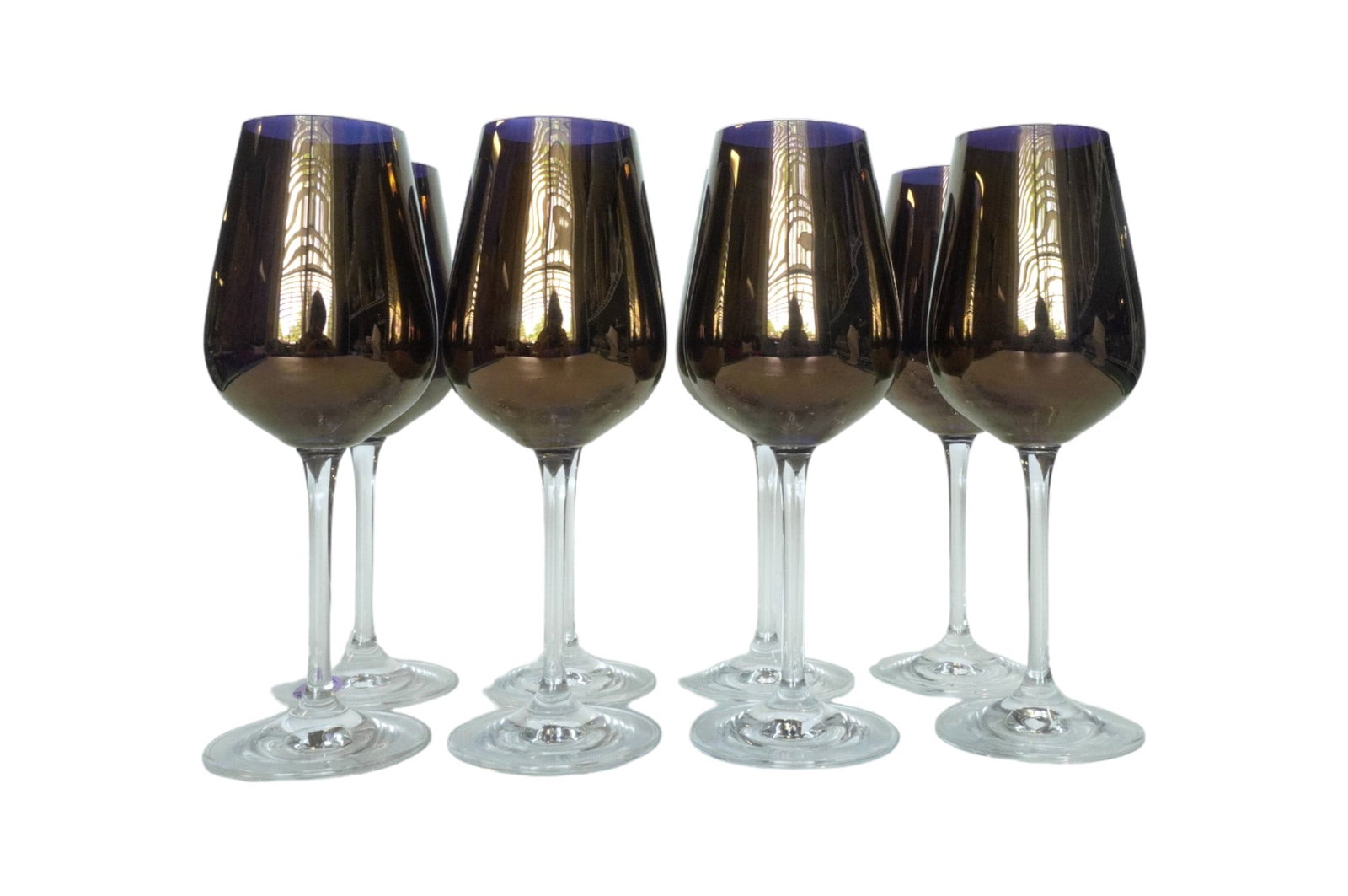 8 BRONZE BLOWN GLASS BY PIER ONE WINE GLASSES: 8 Bronze Blown Glass made in Slovakia by Pier One. Cobalt with bronze luster bowls on clear glass stems. Each 8 .75". Weight on all 3 lbs.