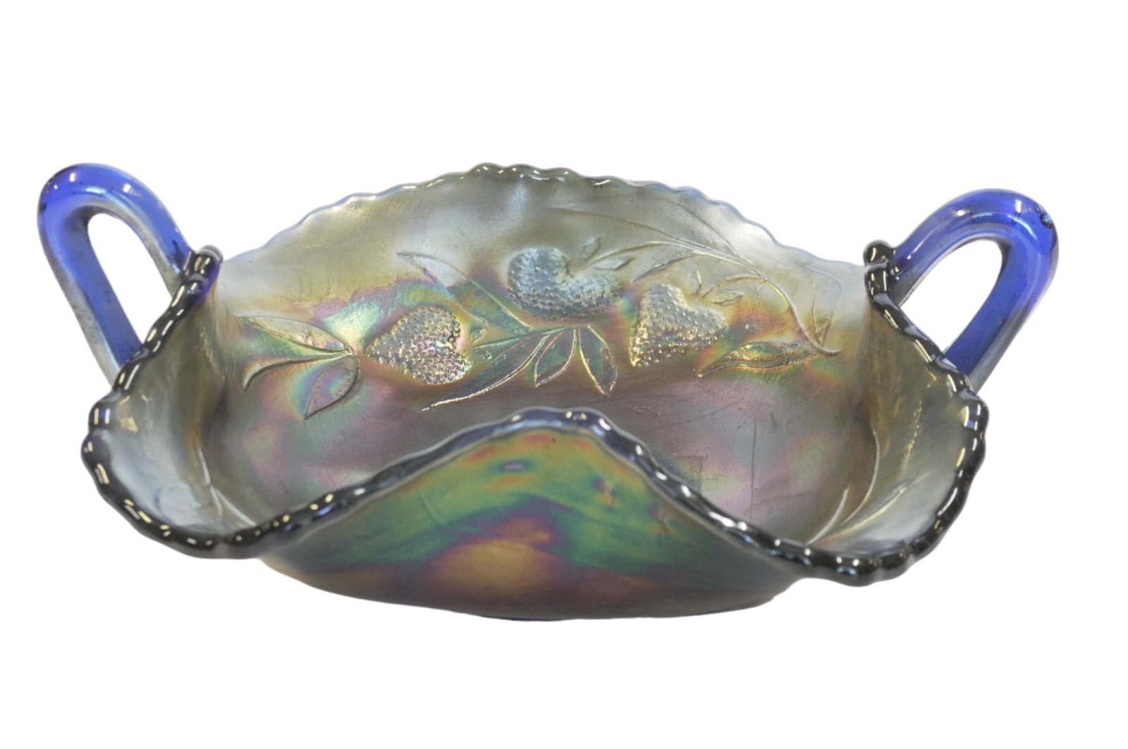 FENTON STRAWBERRY BLUE CARNIVAL GLASS CANDY: Vintage Fenton Two-Handle Strawberry Blue Iridescent Carnival Glass Bon Bon Dish Bowl 6 1/2". Weight 10 oz.