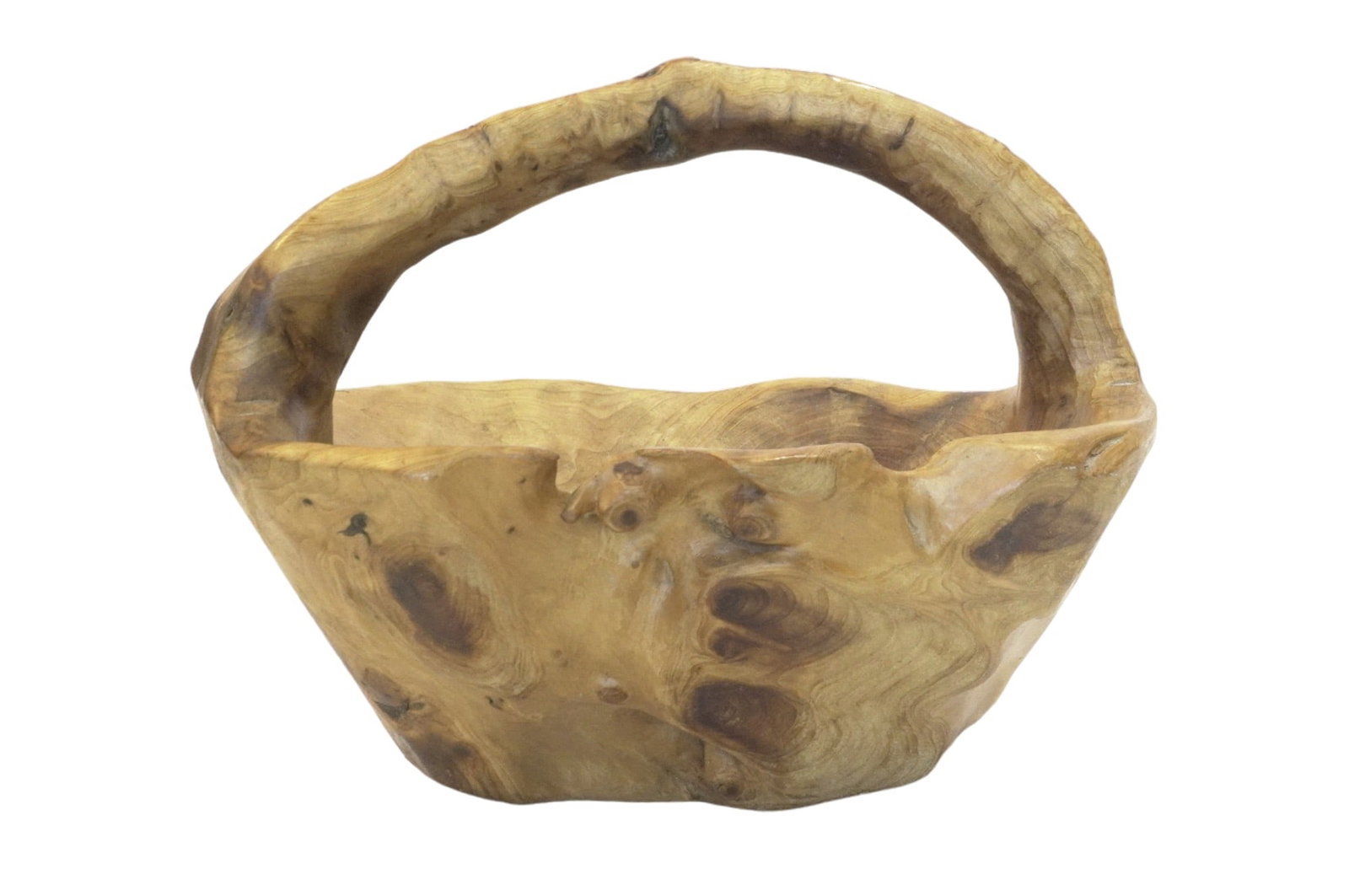 VINTAGE BURLWOOD CARVED BASKET: Vintage Burlwood Carved Basket. Measures 9.75" x 11.25" x 9.25", weighs 2 lbs 8.5 oz.
