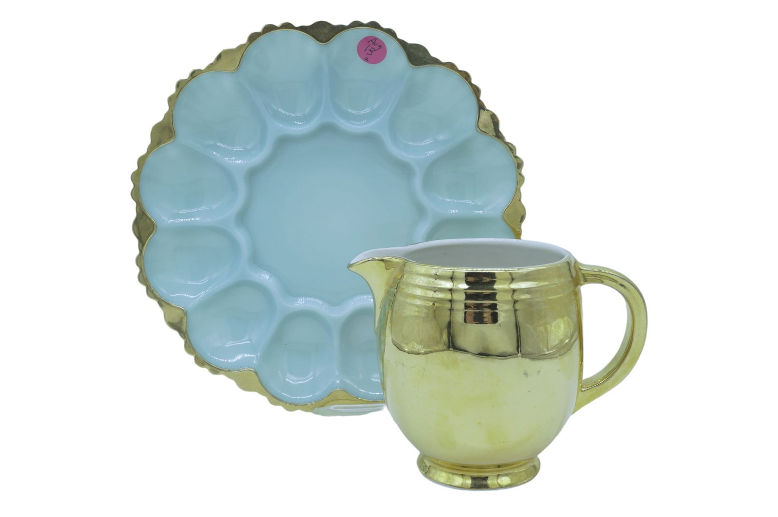 2 pc FIRE KING DELPHITE BLUE MILK GLASS DEVILED EGG PLATE & HALL PITCHER (1 of 4)