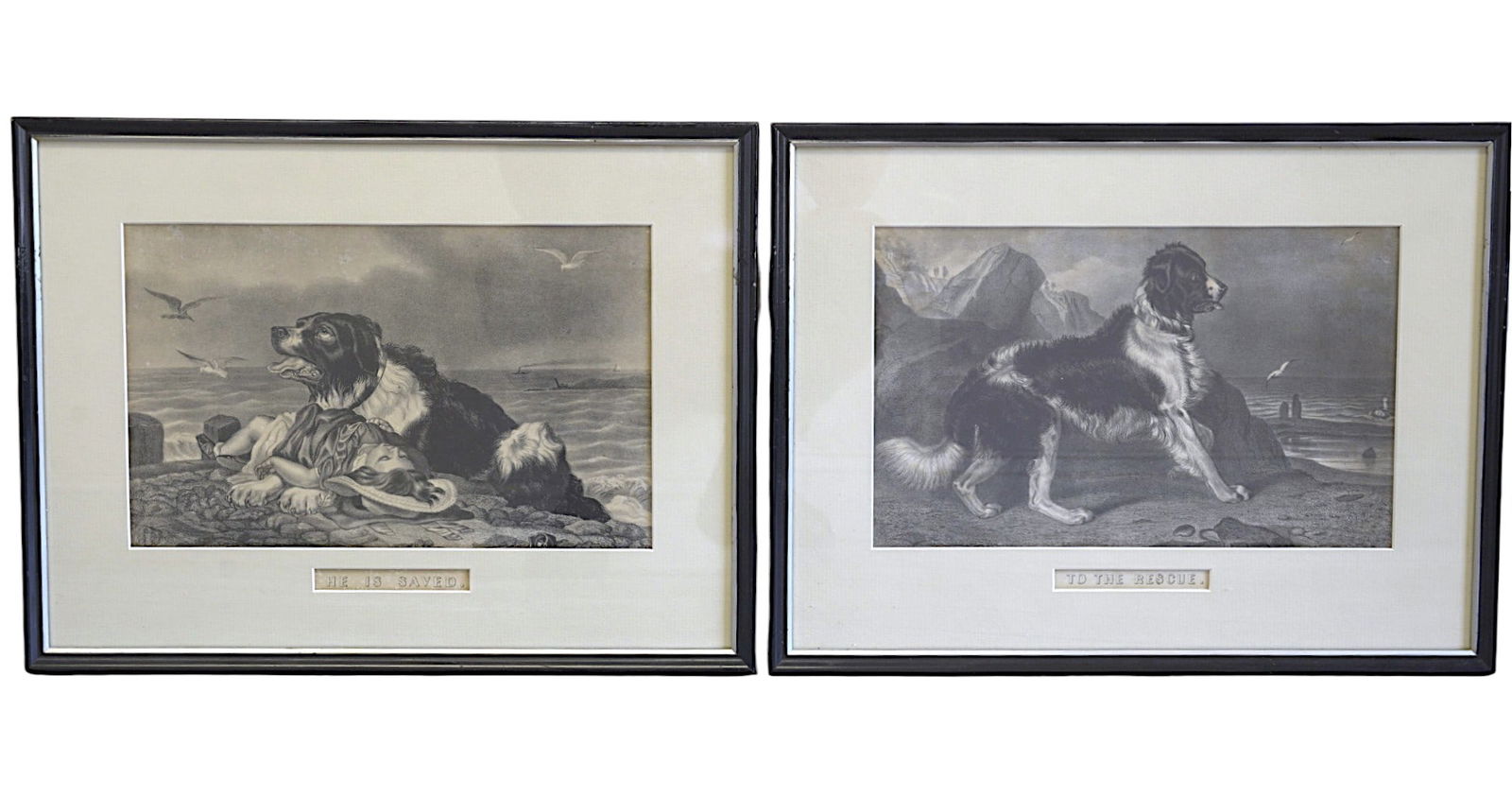 PAIR ANTIQUE CURRIER & IVES DOG LITHOS (1 of 4)
