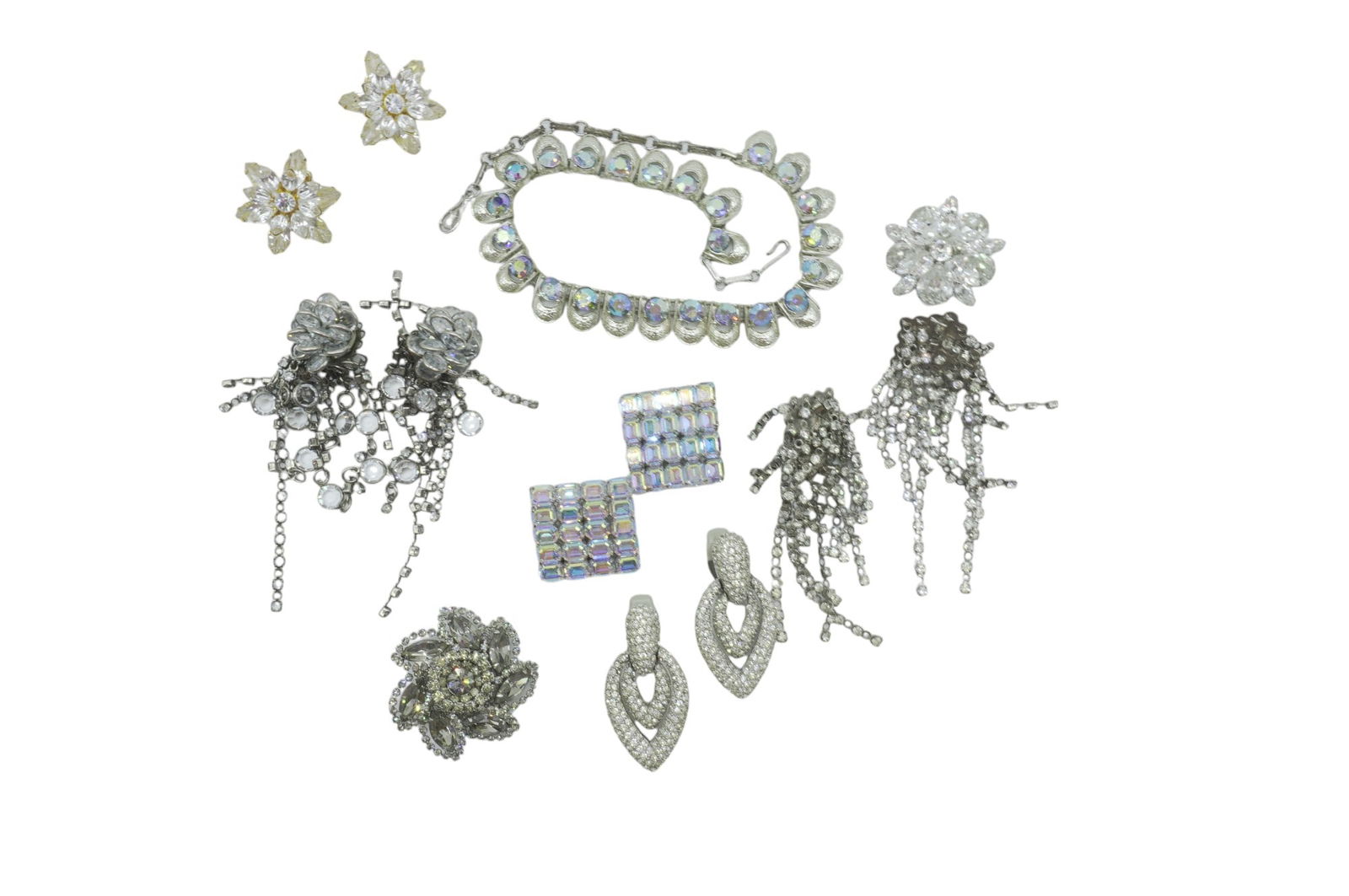 FABULOUS GROUP OF VINTAGE WEISS, CORO, SORELLI, KIRKS FOLLY JEWELRY: All are Vintage, Very Collectible Crystal and Rhinestone Jewelry, in excellent condition. 1- Weiss Rhinestone Brooch 1.5" 2- Kirks Folly Aurora Borealis Square Faceted Clip on Earrings 1.25" 3- Simon