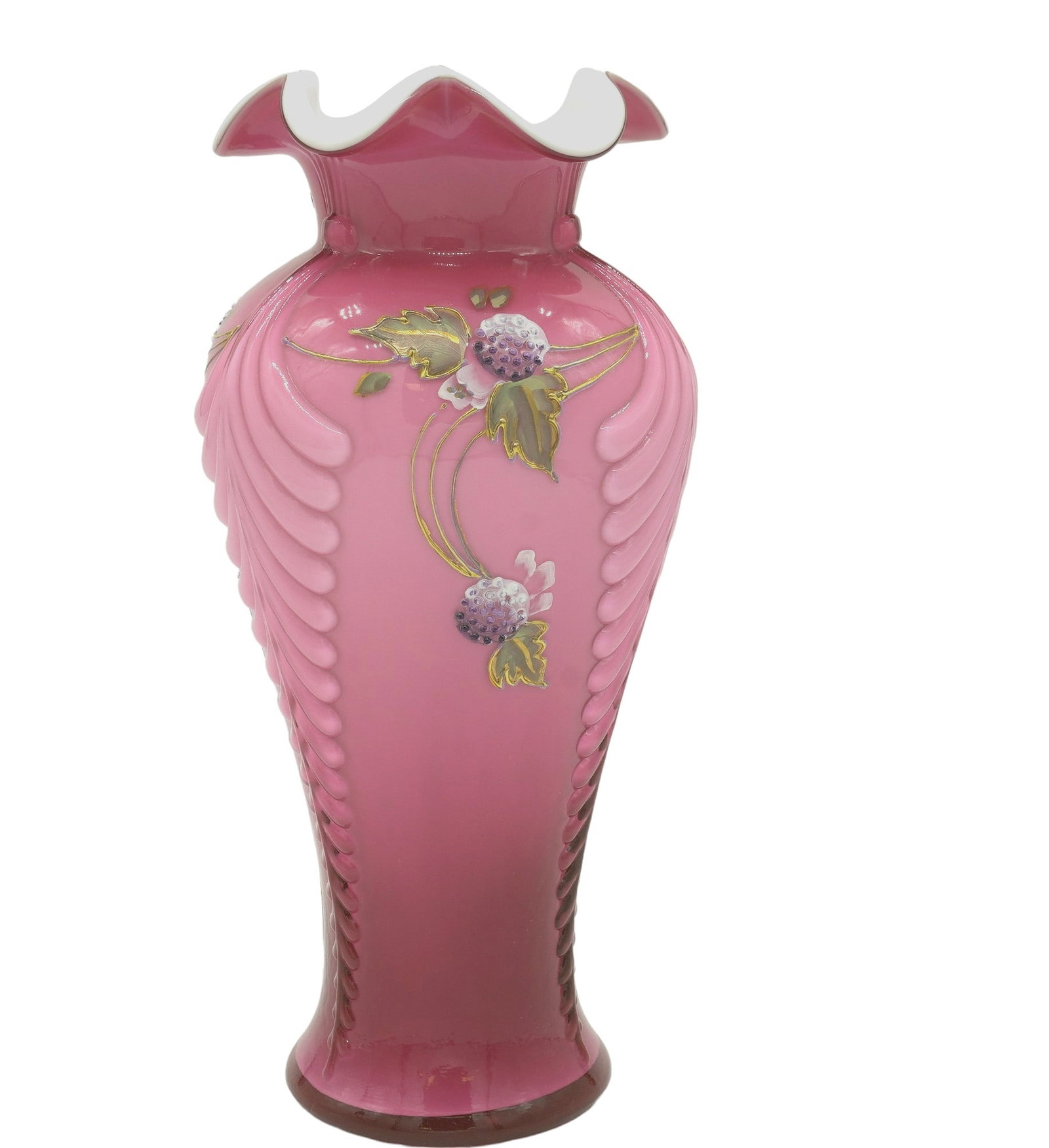 RARE VINTAGE HAND PAINTED ENAMELED FENTON ART GLASS VASE: Vintage 1996 Fenton Art Glass Hand Painted and Enameled "Berries on Wild Rose" Vase. From the connoisseur collection. Limited edition 400 of 1250. Measures 4.5"x4.5"x11". Weight 2 lbs.2 oz. PROVENANCE