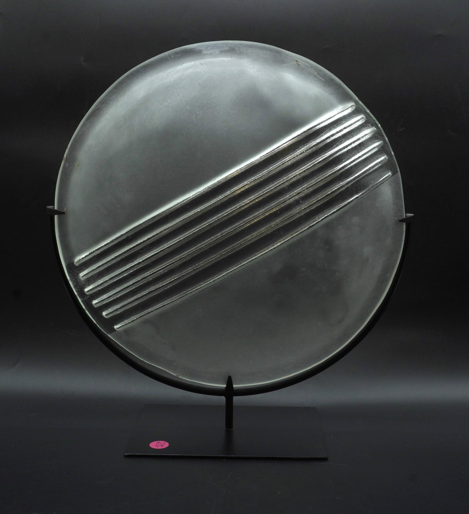 LARGE CONTEMPORARY ART GLASS CHARGER ON STAND: Contemporary Art Glass Charger on Iron Stand. Measures 14"x5.5"x16.6". Weight 8 lbs 6 oz.