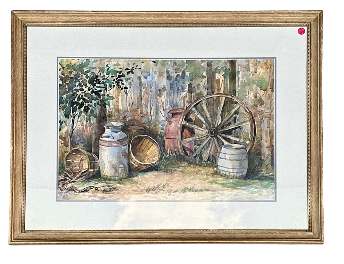 LARGE FRAMED WATERCOLOR WAGON WHEEL & CROCKS (1 of 4)