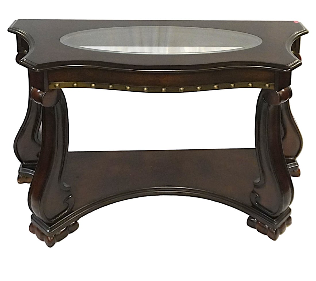 CONTEMPORARY GLASS TOP MAHOGANY SOFA TABLE (1 of 3)