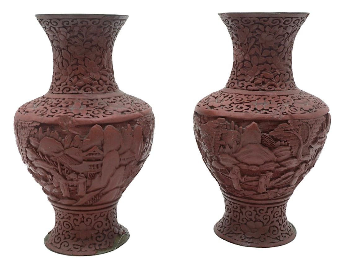PAIR ANTIQUE CHINESE CARVED CINNABAR VASES: Pair Antique Chinese Carved Cinnabar Vases. Each Measures 9.25" x 5" dia x 3.5" dia.