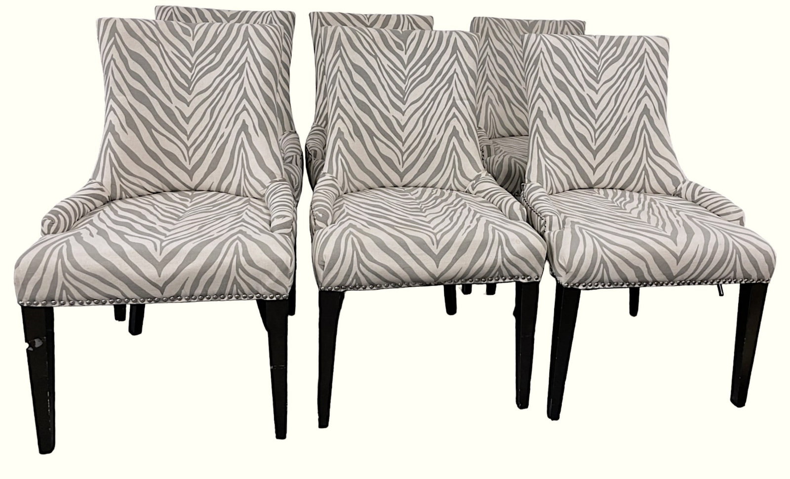 6 SAFAVIEH BECCA DINING CHAIRS: 6 Safavieh Becca Dining Chairs Gray and Ivory Zebra Stripes with Silver Nailheads, . Each 22"x24.8"x36.4". Provenance: A Sullivans Island Private Estate