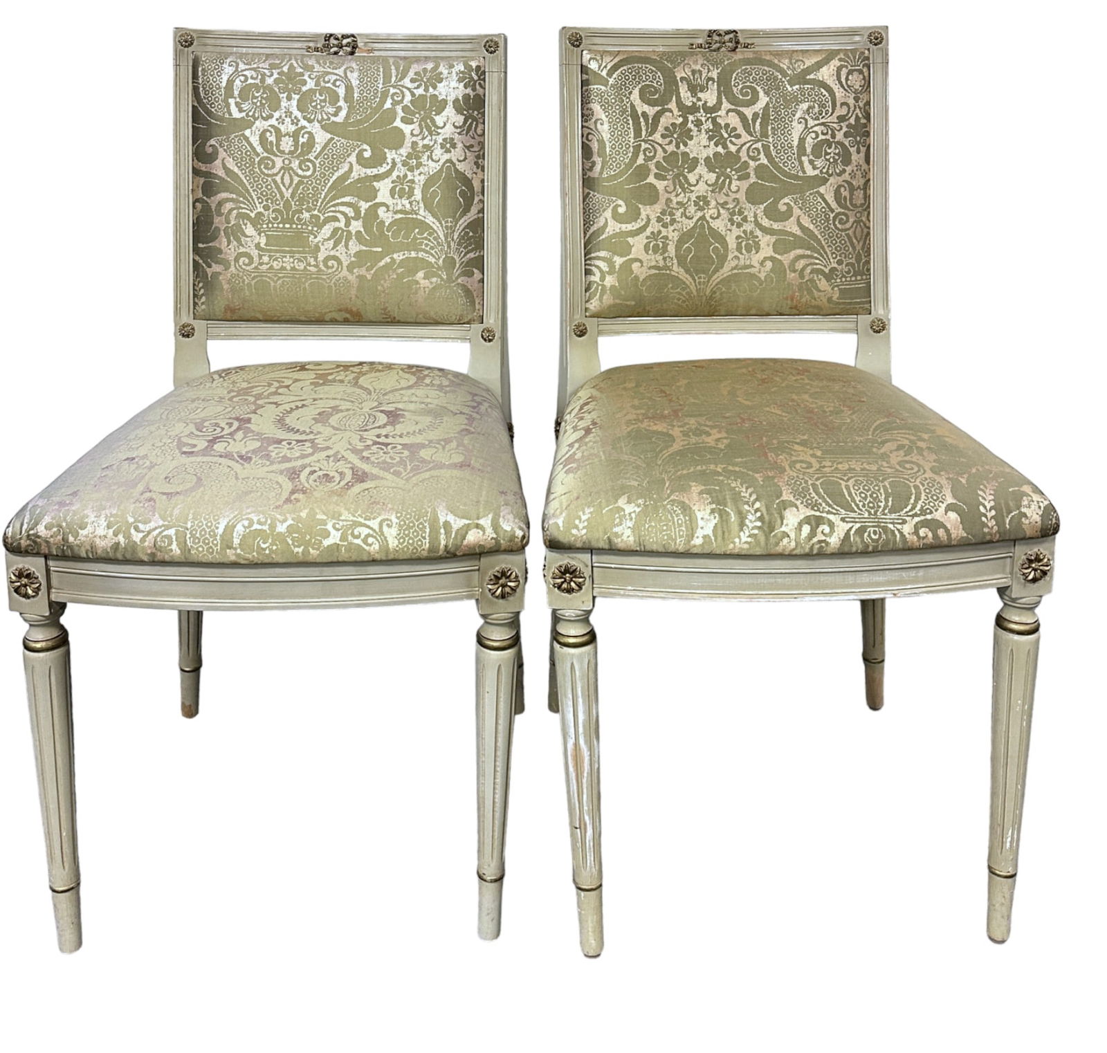 PAIR FRENCH PAINTED LOUIS XVI STYLE SILK UPHOLSTERED CHAIRS (1 of 11)