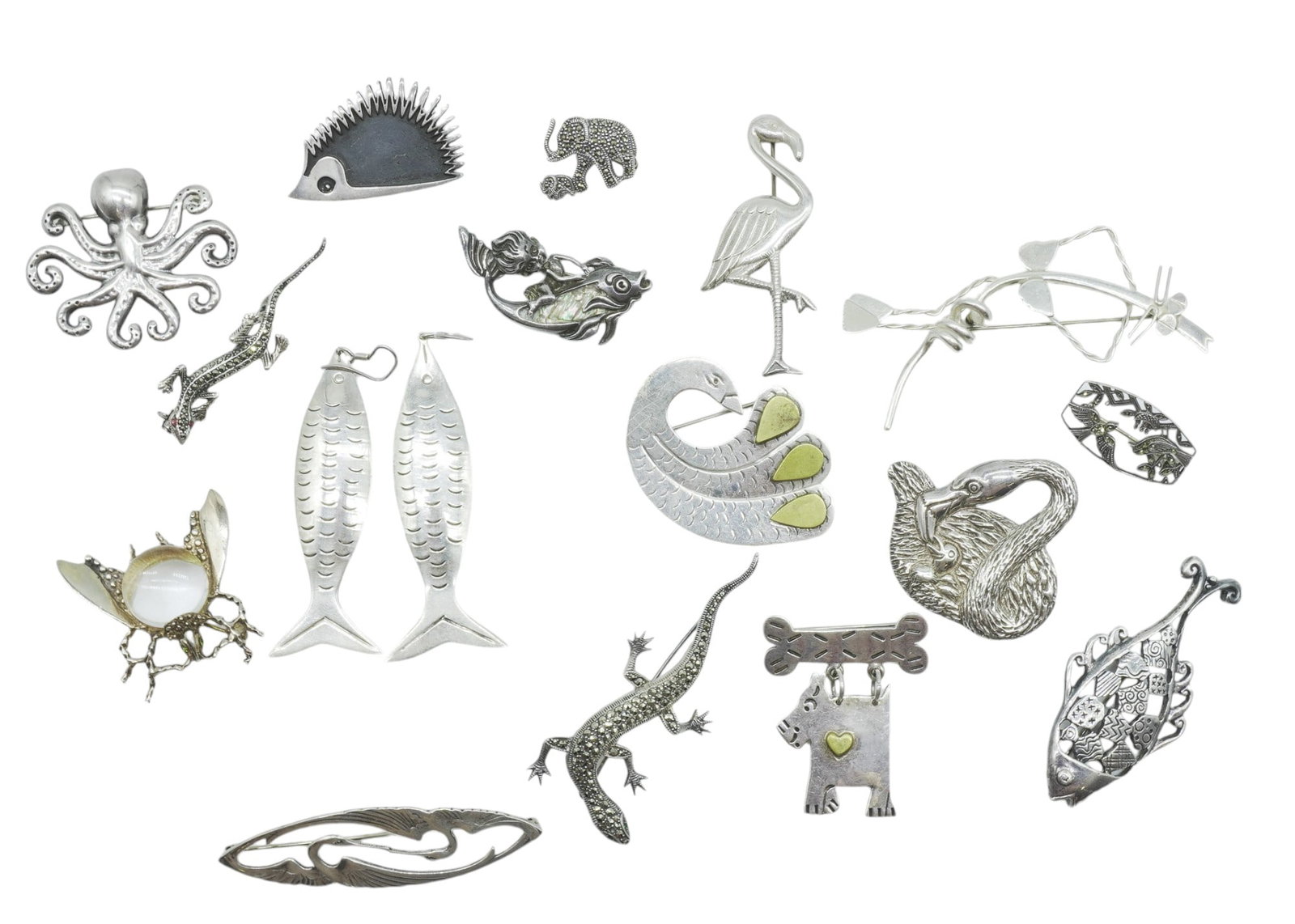 16 PC STERLING MCM POUL WARMIND- CROWN TRIFARI - CYVRA + MORE: All are Vintage Sterling Silver. 1- Vintage Danish Poul Warmind Sterling Hedgehog Brooch 1.75". 2- Rare Cyvra Pixie on Fish With Abalone Brooch 2". 3- Sterling Flamingo Brooch 2.75". 4- Sterling Lizar