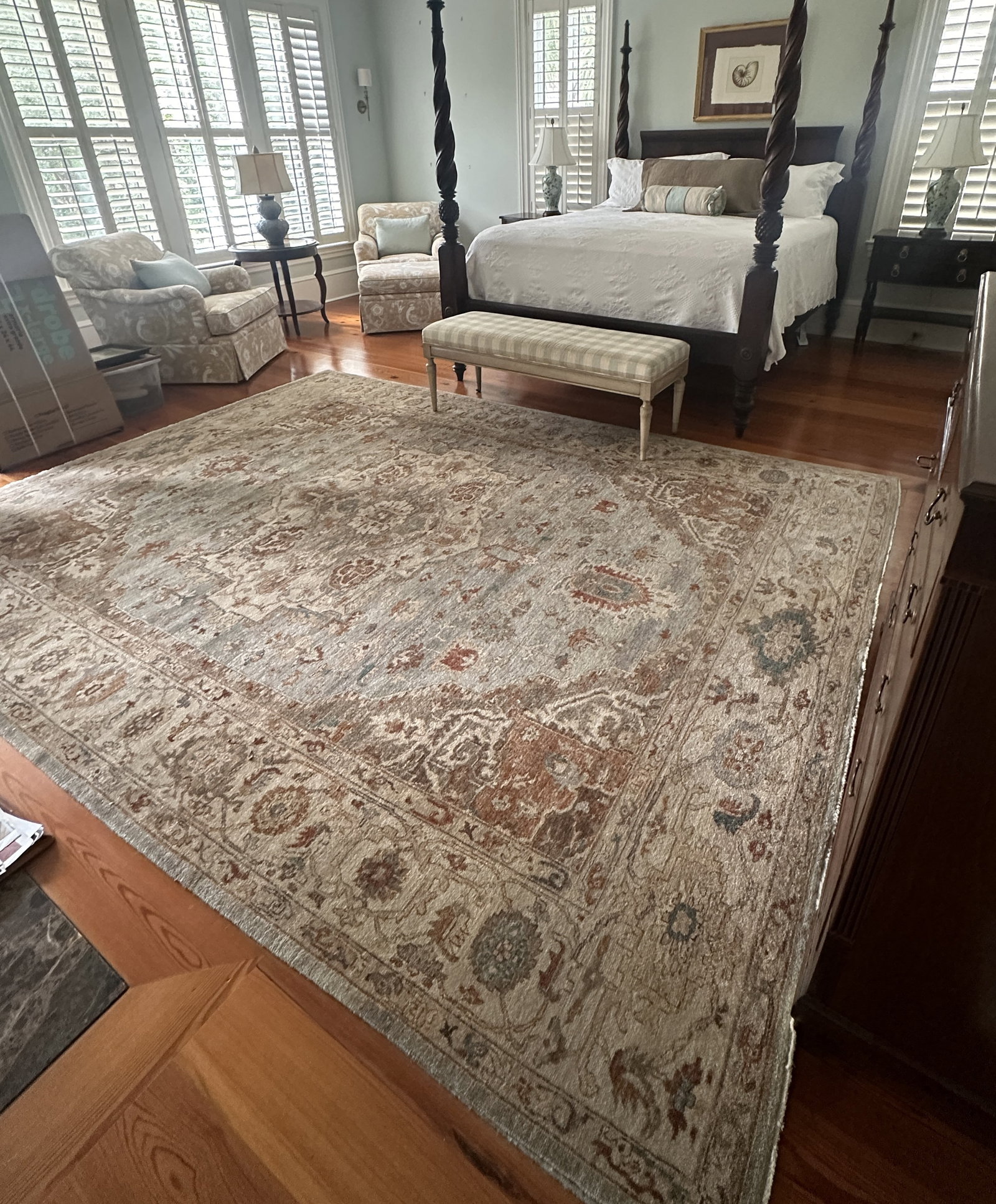 LARGE SAFAVIEH TURKISH RUG MONACO: Large Safavieh Rug in the Monaco Pattern. Navy and Light Blue. Measures 6'.7"x9".2". Made in Turkey. Provenance: A Private Daniel Island Estate