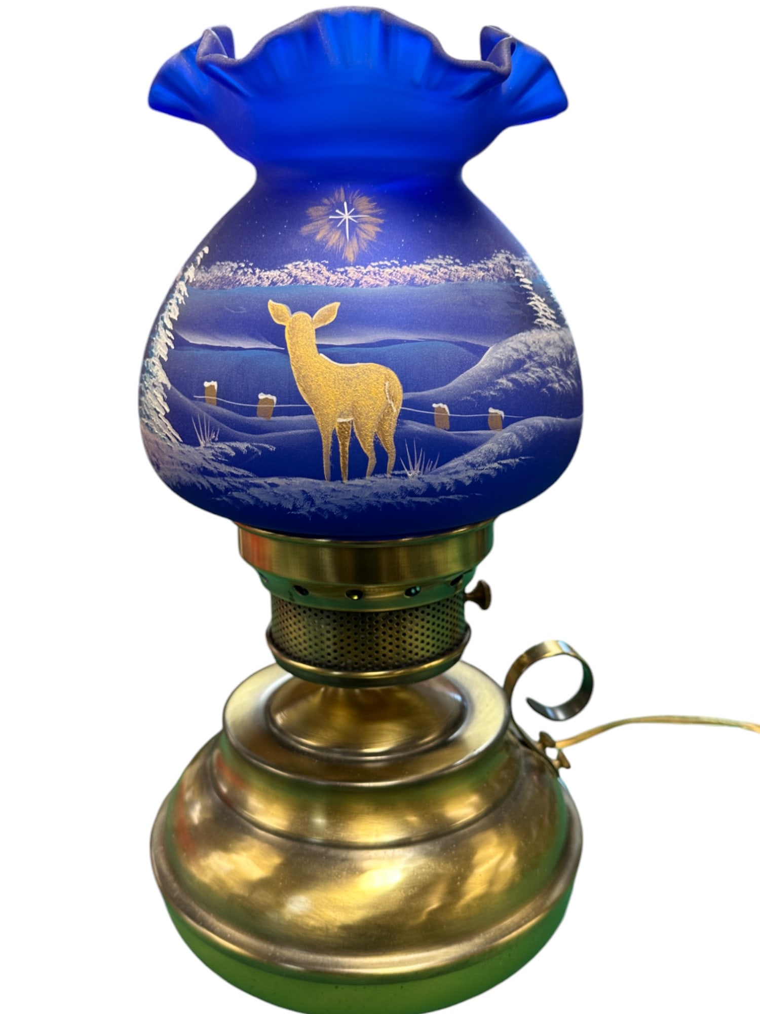 LIMITED EDITION HAND PAINTED FENTON BLUE SATIN GLASS LAMP (1 of 5)