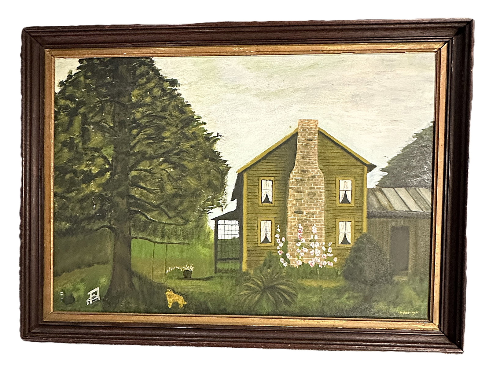 VINTAGE LUTHER REID FOLK ART HOUSE OIL PAINTING: Vintage Luther Reid Folk Art Primitive Oil Painting. Home with Dog in Wood Frame. In frame 29.5"x22.5"x1.25". Weight 6 lbs. PROVENANCE: A Private Daniel Island Estate