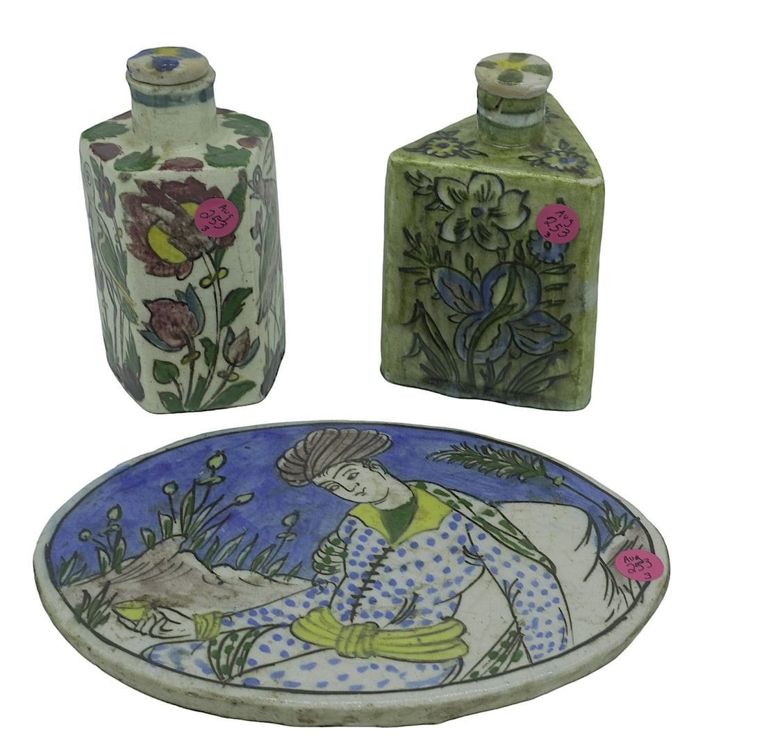 3 ANTIQUE PERSIAN QAJAR POTTERY TILE - FLASKS (1 of 4)