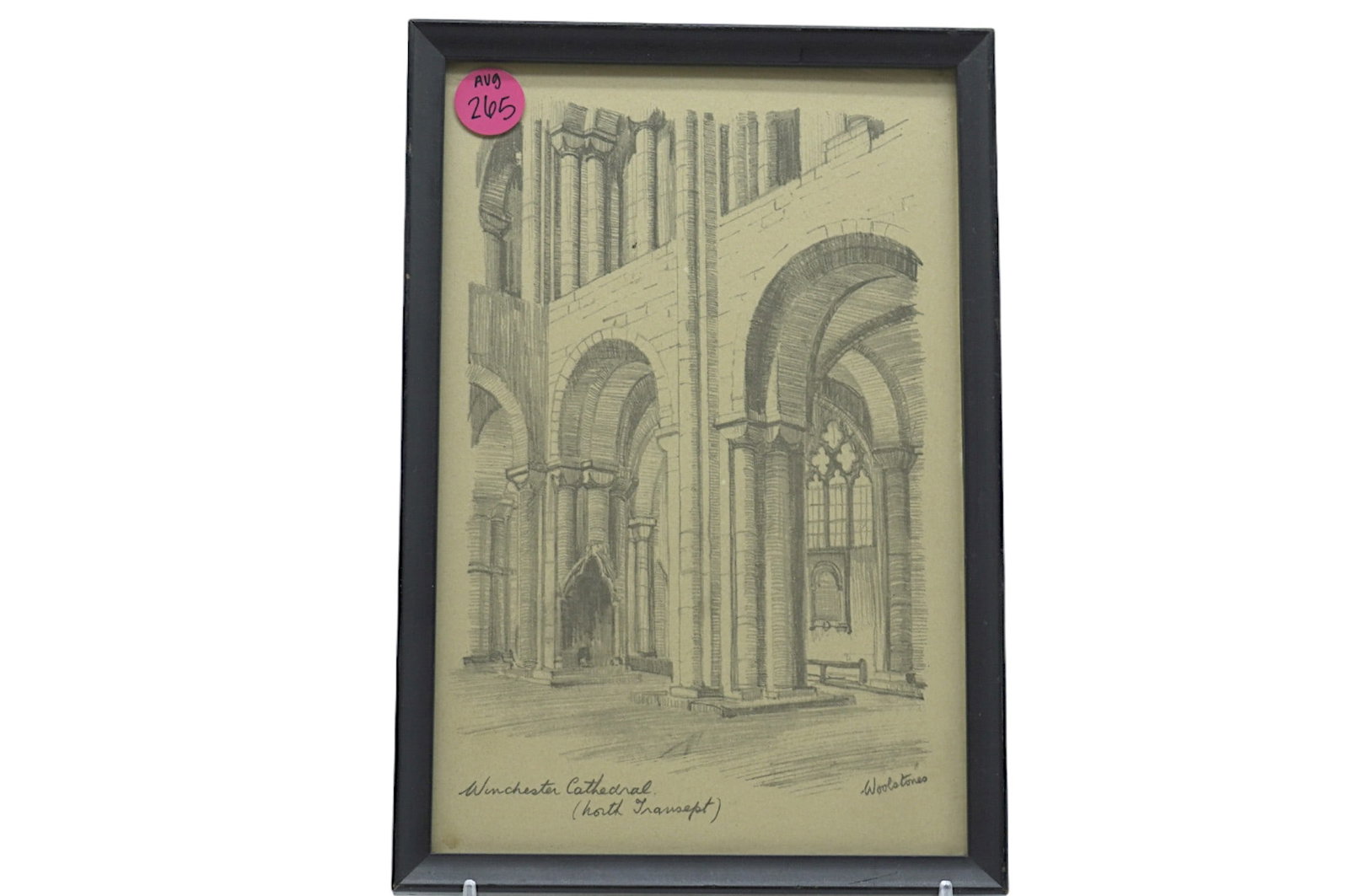 PENCIL SKETCH WINCHESTER CATHEDRAL SIGNED "WOOLSTONES": Pencil Sketch of Winchester Cathedral, signed on lower right corner "Woolstones" in black wooden frame. Measures 6.25" x 9.25", weighs 7.1 oz.