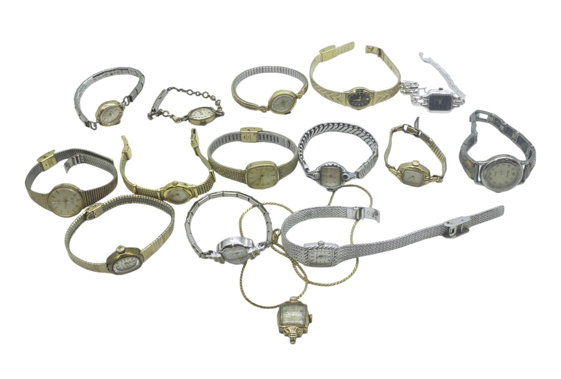 15 VINTAGE LADIES WATCHES GRUEN - ELGIN - WALTHAM: All are Vintage, untested. Gruen, Waltham, Elgin, Timex, Bulova, Vulcain, Ronica, Longine, All are untested and some will simply need new batteries.1 Longine missing glass. Provenance: A well known Ch
