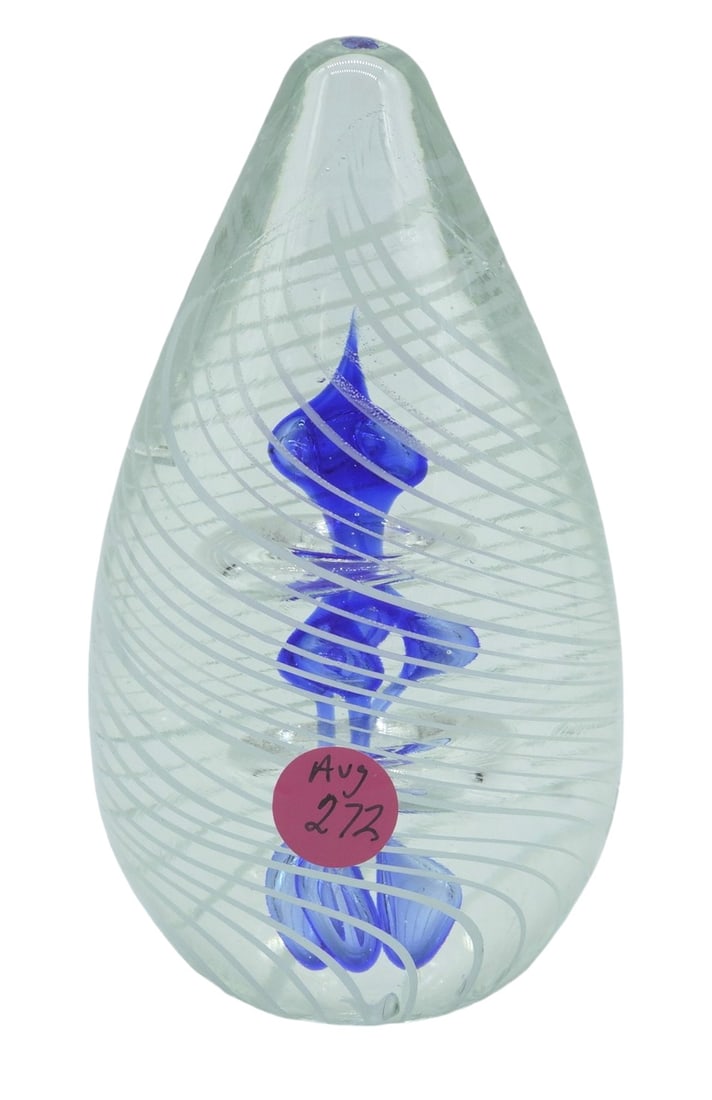 LARGE STUDIO ART GLASS PAPERWEIGHT: Large Art Glass Blown Paperweight Blue and White 3.25"x3.25"x6". Weight 3 lbs.