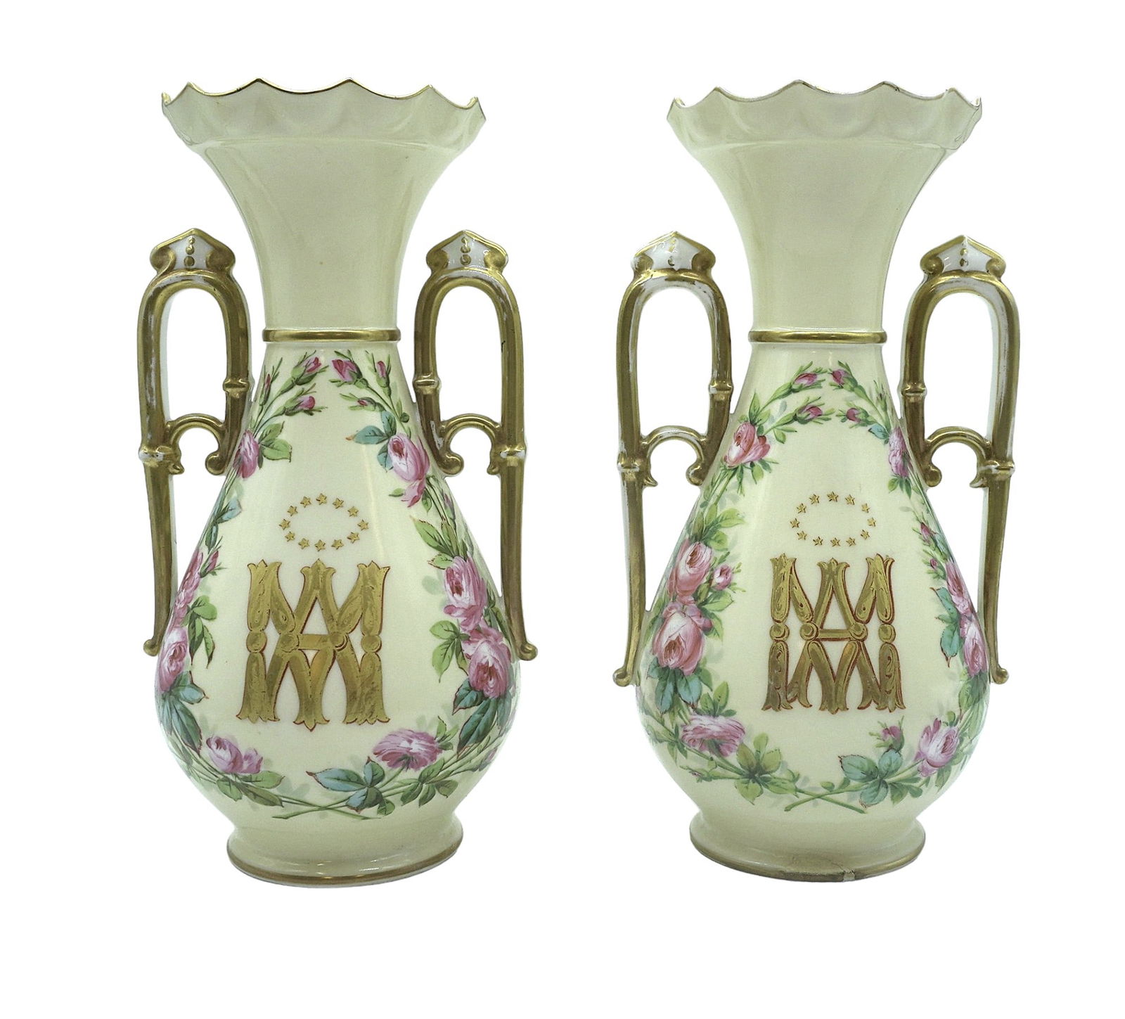 PAIR 19TH C FRENCH HAND PAINTED VASES PARIS (1 of 5)
