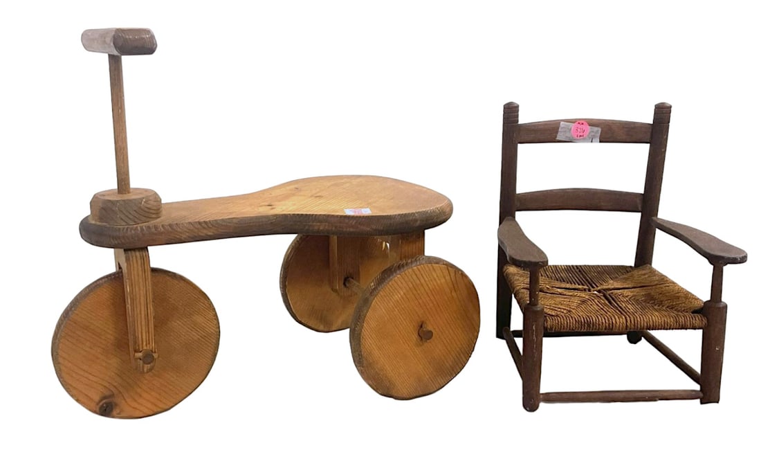 WOODEN DOLL CHAIR AND TRICYCLE: Vintage Wooden Doll Chair and Tricycle. Chair measures 11" x 8.5" x 6.5" and tricycle measures 13.5" x 15" x 8", total lot weight is 3 lbs 15 oz.