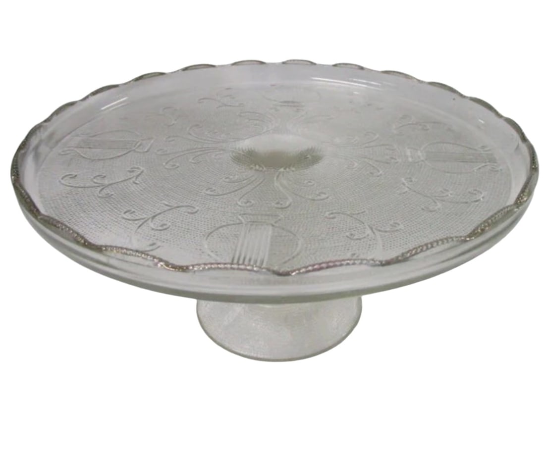 VINTAGE 1940s JEANNETTE HARP CAKE STAND: Vintage 1940-50 Jeannette Harp Clear Cake Stand. 10"x10"x4.25". Weight 2 lbs 11 oz.