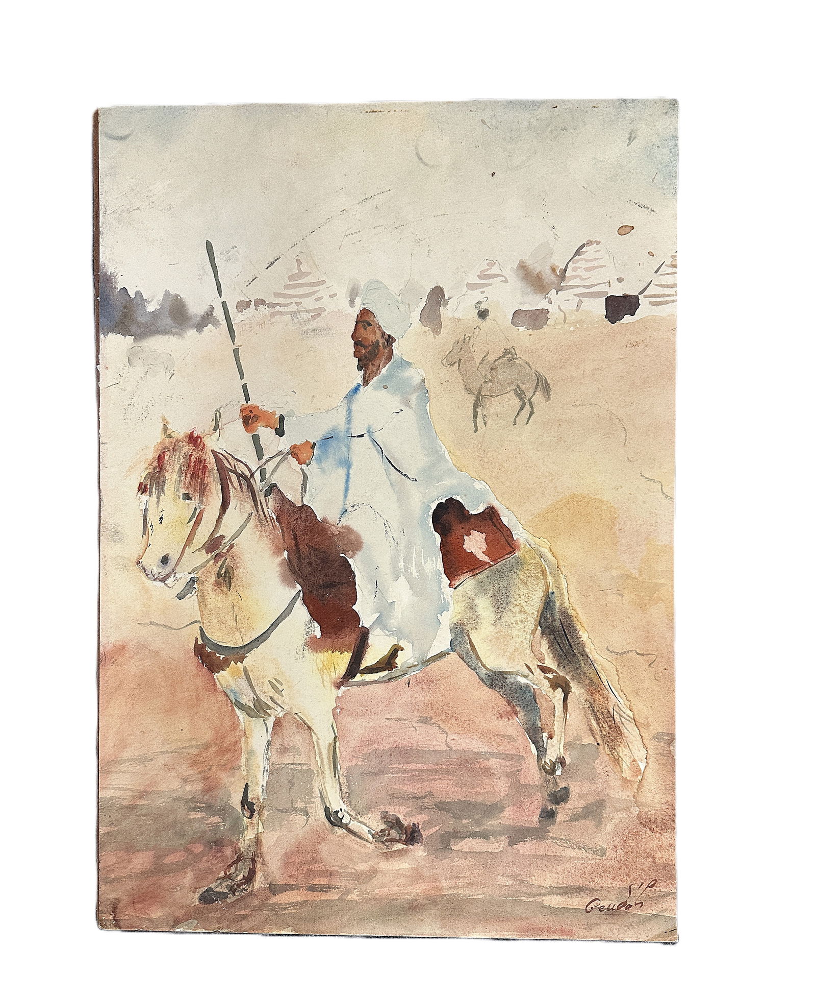 VINTAGE ARABIC WATERCOLOR ON BOARD: Vintage Arabic Watercolor on Paper laid on Masonite Board. Signed lower right. Measures 15"x19.5". Weight 1 lb 6 oz.