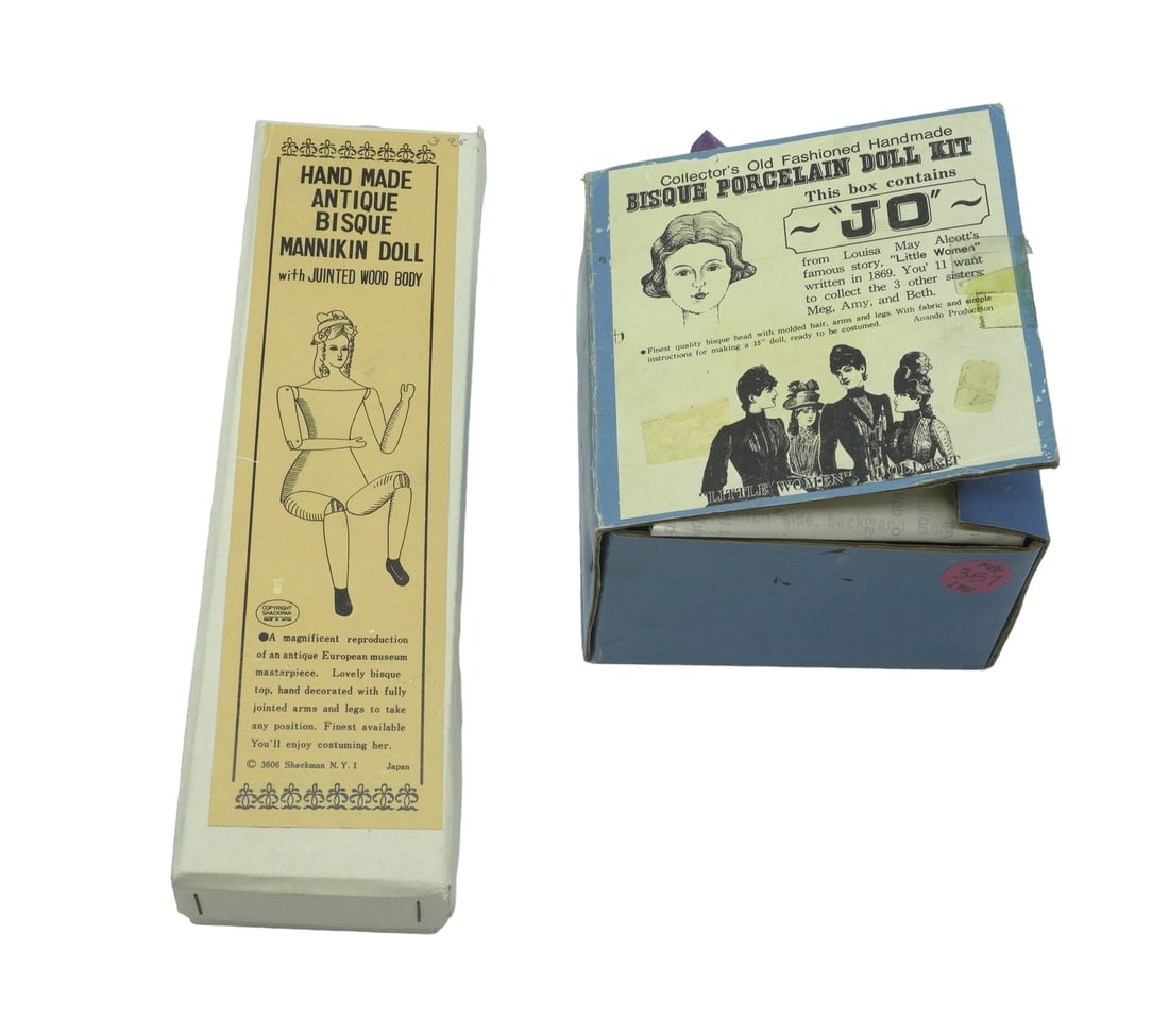 PORCELAIN LITTLE WOMEN BISQUE DOLL KIT "JO" AND BISQUE MANNIKIN DOLLS: Bisque Porcelain Doll Kit from Louisa May Alcott's famous story "Little Women" in the character, "Jo". Includes finest quality bisque head with molded hair, arms and legs with fabric and instructions