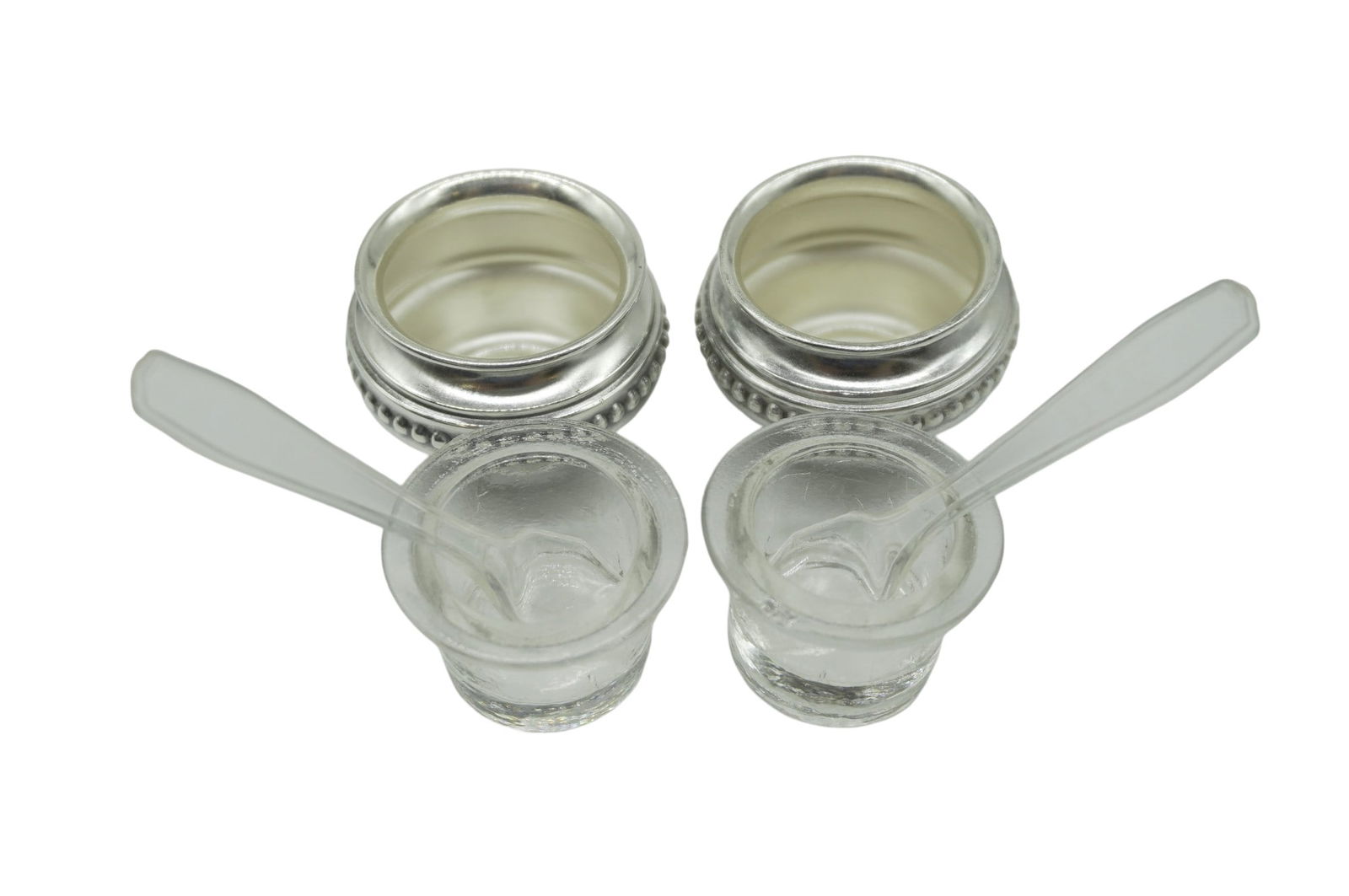 2 SILVER PLATE SALT CELLARS W GLASS INSERTS (1 of 4)