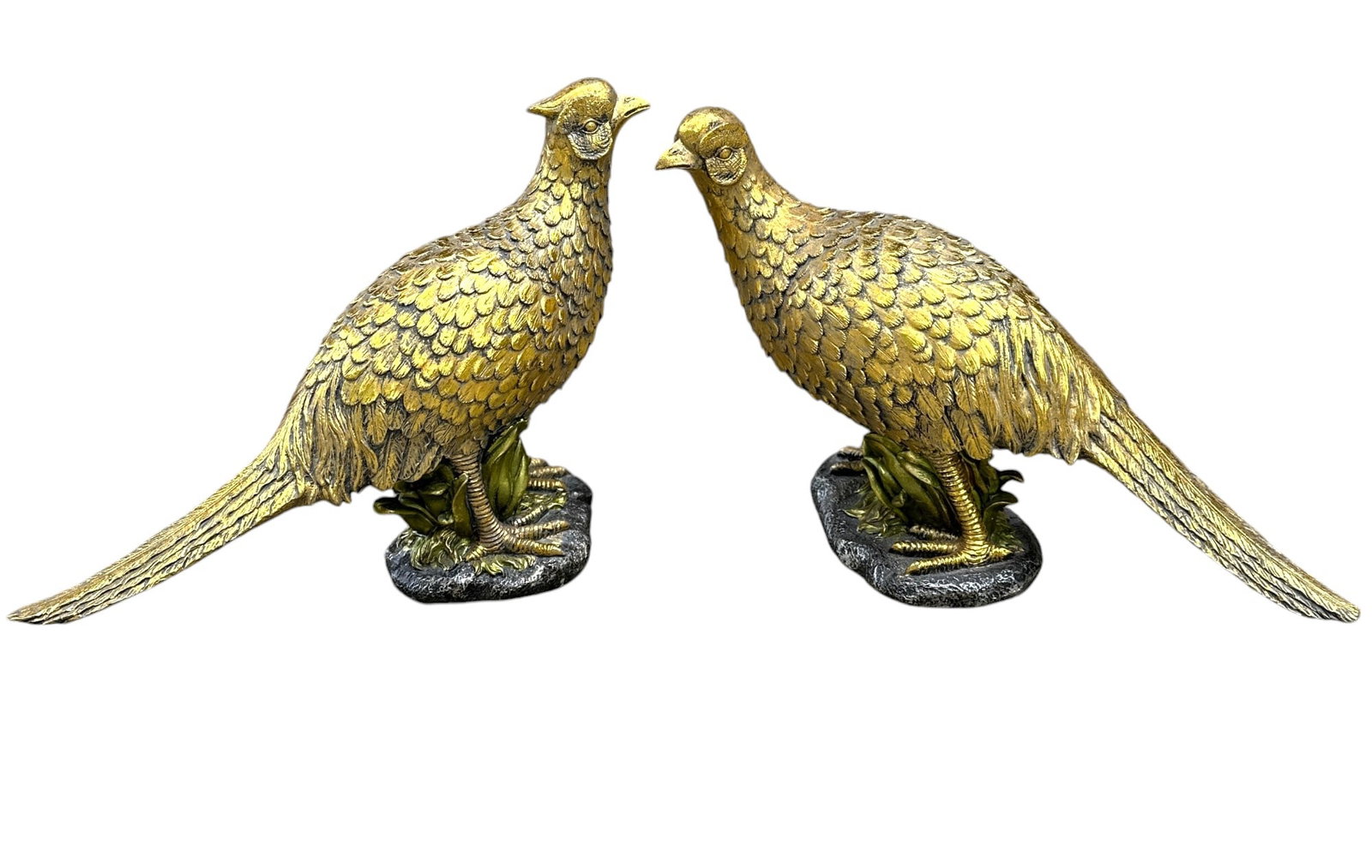 PAIR OF MCM GILDED COMPOSITE PHEASANTS: Pair of Vintage MCM Composite Gilded Pheasants. Perfect for mantle or table. Each 17"x5"x11.25". Weight combined 5 lbs.