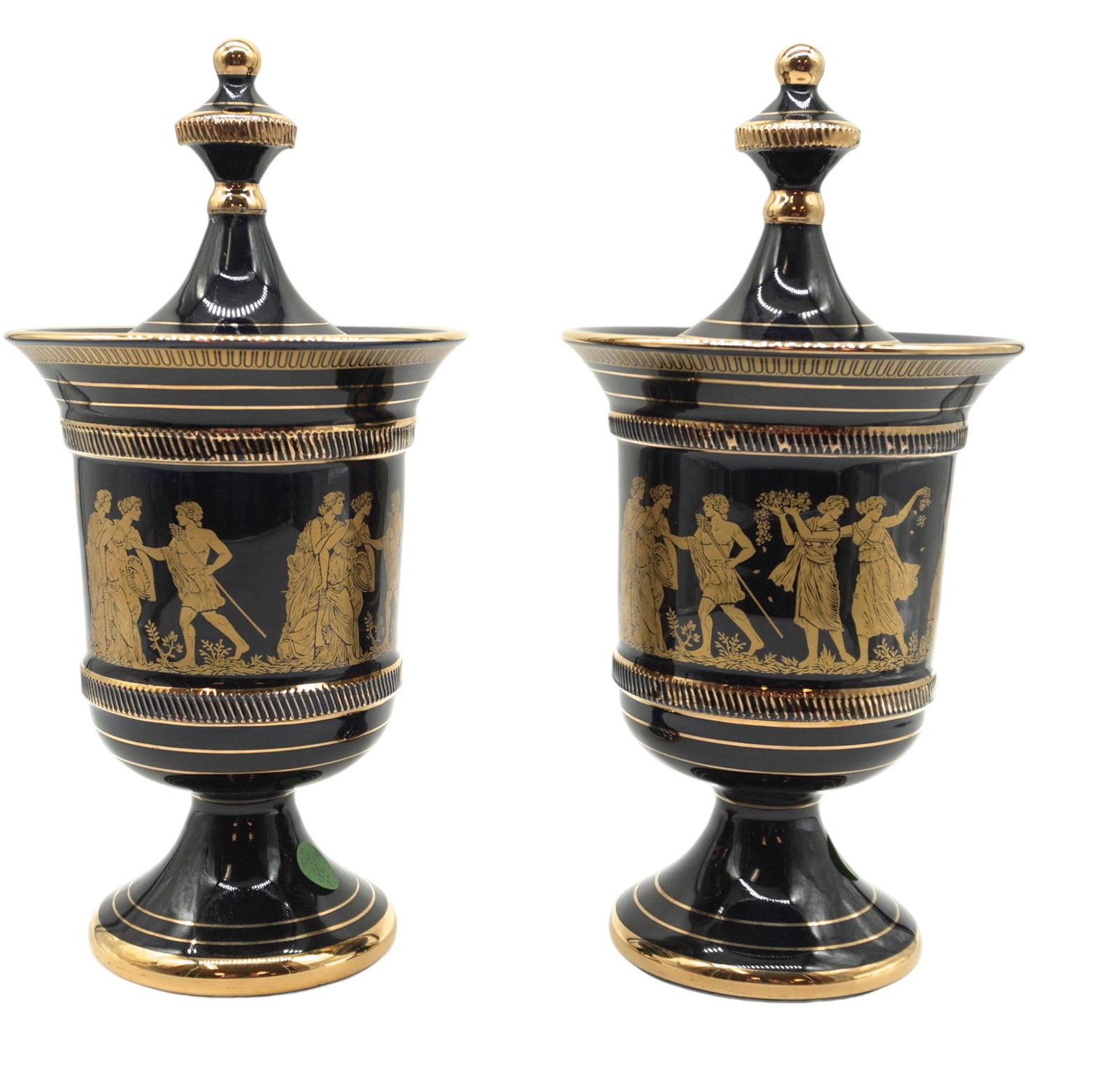 PAIR COBALT BLUE 24K GREEK COVERED URNS: Pair of Greek Spyropoulos Cobalt Blue with 24k Gold Painted Trim Lidded Urns. Each 6"x6"x12". Weight combined 4 lbs 12 oz.