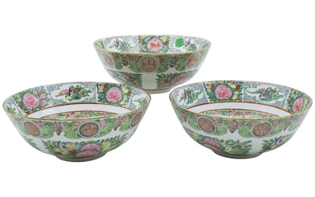 3 HAND PAINTED PORCELAIN 8 IN ROSE MEDALLION BOWLS