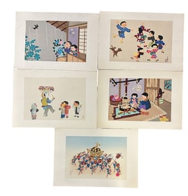 5 HITOSHI KIYOHARA WOODBLOCK PRINTS CHILDREN