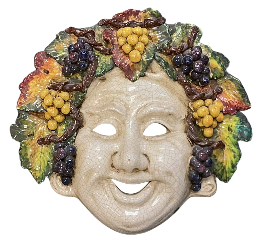 LARGE ITALIAN MAJOLICA BACCHUS MASK: Large Italian "Bacchus" Mask Majolica Wall Sculpture.Measures 18"x19"x5". Weight 19 lbs.