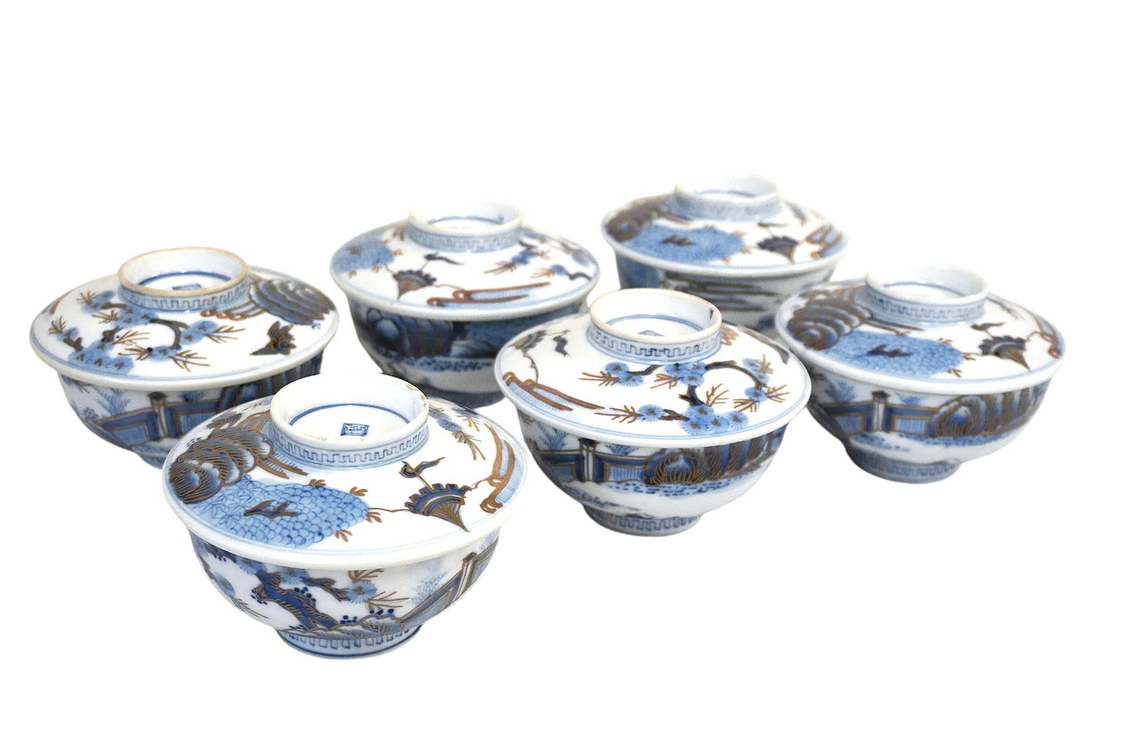 13 pc RARE JAPANESE MEIJI ARITA BOWLS & LIDS FUKUROKUJU: Antique Rare Japanese Meiji Era Arita Porcelain Hand Painted Covered Bowls with gilt accents, featuring Fukurokuju, one of the 7 lucky Gods. Fukuroku is the God of Wisdom, Longevity and Happiness. Lat