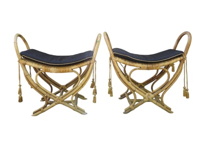 MATCHED PAIR OF RATTAN BAMBOO BENCHES