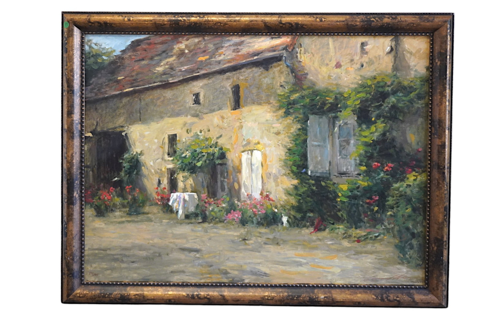 LARGE LEONARD WREN MAISON DU BURGUNDY GICLEE: Large Leonard Wren Hand Signed and Numbered Limited Edition Giclee on Canvas: "Maison du Burgundy" with COA. Number 89 of and edition of only 195. In frame 46" long, 2" deep and 35" high. Weight 17 lb
