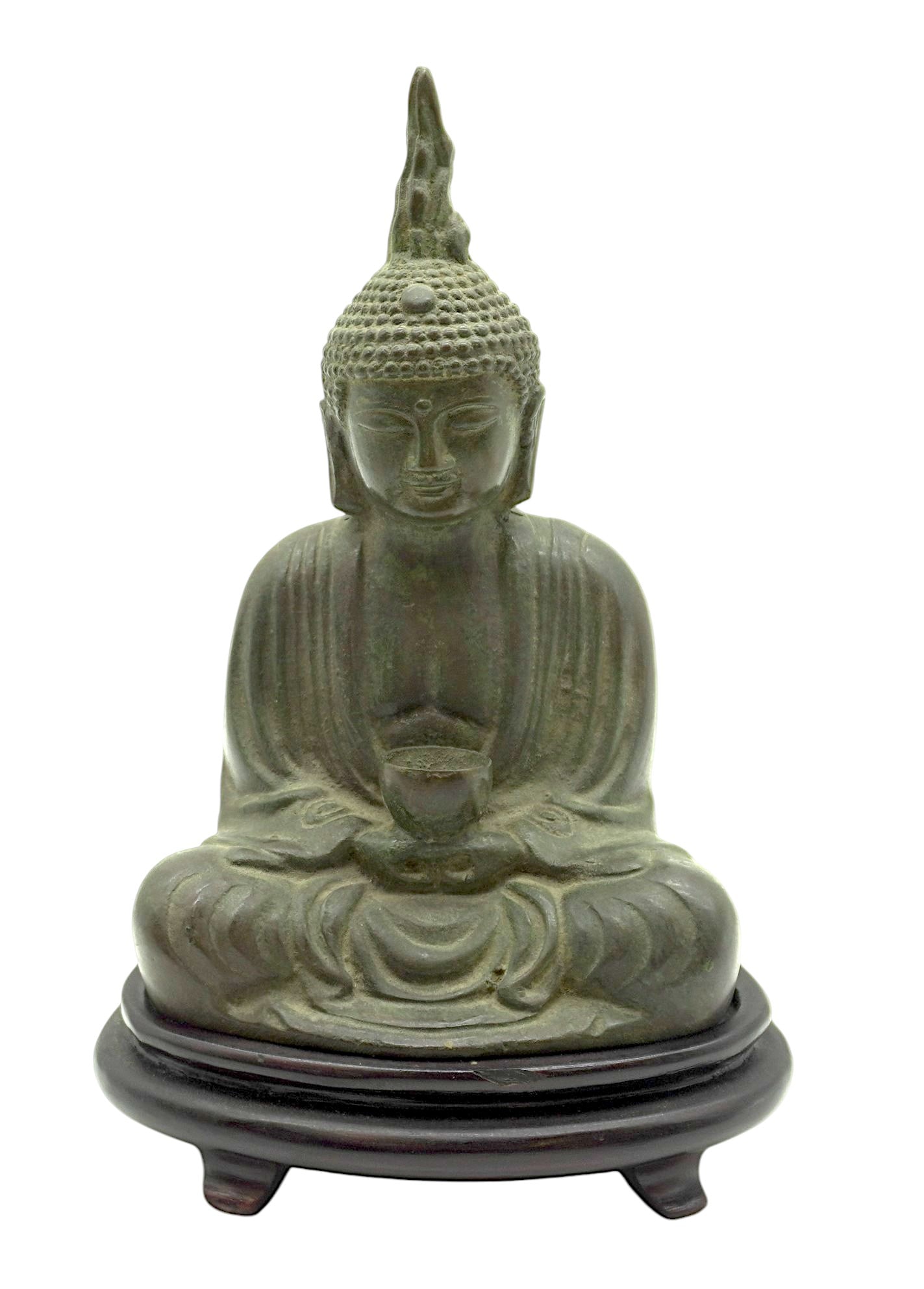 ANTIQUE THAILAND BRONZE SEATED BUDDHA: Antique Thailand Bronze Buddha in a seated position wearing a tall headdress and flowing robes and holding a bowl for alms. Measures 5.5"x3.4"x8.5". Weight 3 lbs 9 oz