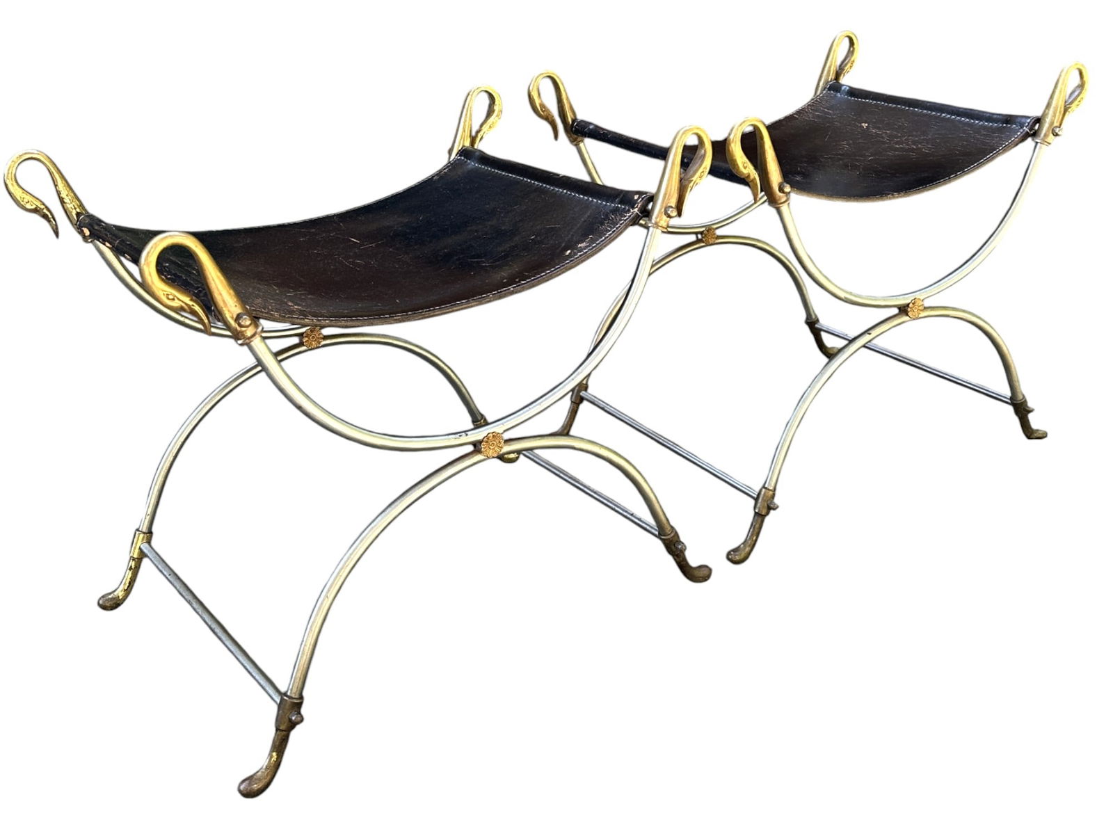 PAIR MAISON JANSEN SWAN STOOLS LEATHER SEATS (1 of 6)