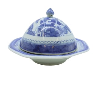 19th c CANTON 3 PART COVERED BUTTER DISH