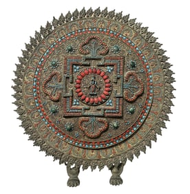 ANTIQUE BRONZE TIBETAN MANDALA CORAL TURQUOISE