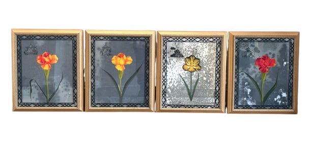 SET OF 4 TULIPS REVERSE PAINTED ON GLASS FRAMED